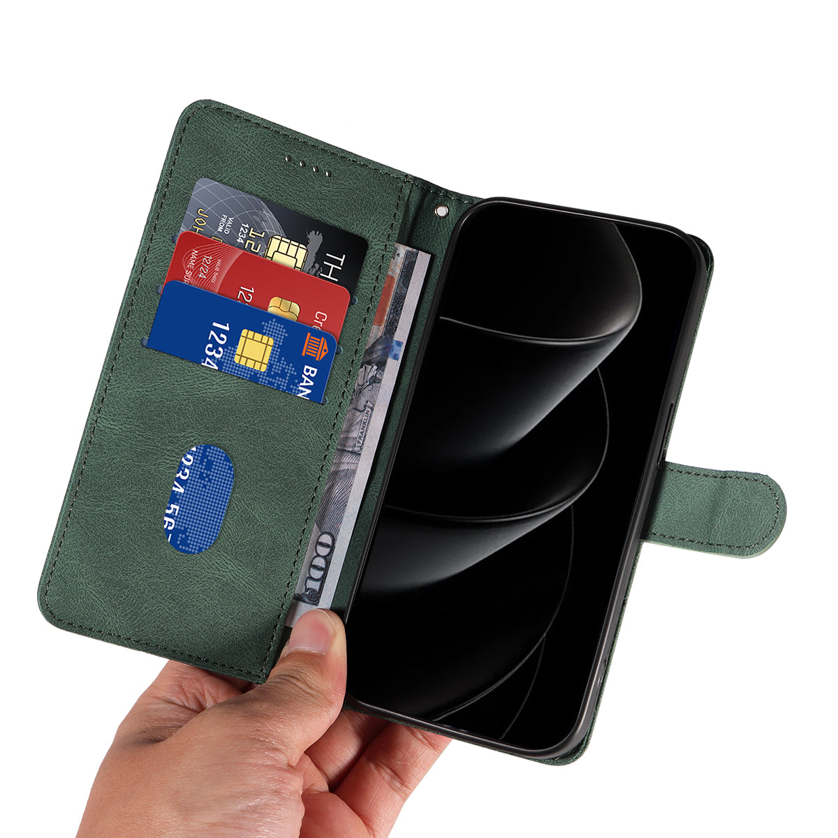 For iPhone 17 Pro Max Wallet Case Leather Phone Cover Stand with Curved Line Design - Green
