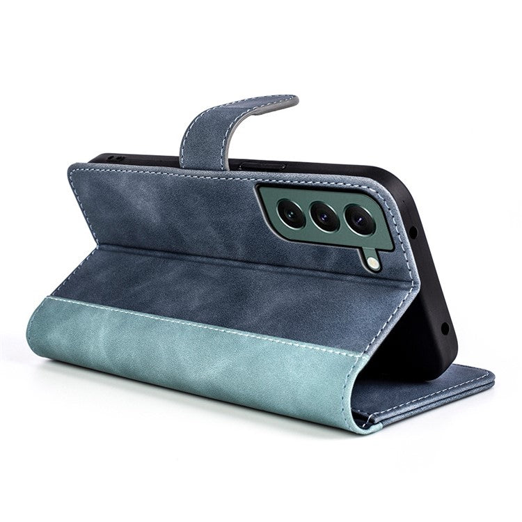 For Samsung Galaxy S23+ Color Splicing PU Leather Phone Case Folio Flip Full Protection Cover with Stand Wallet - Blue