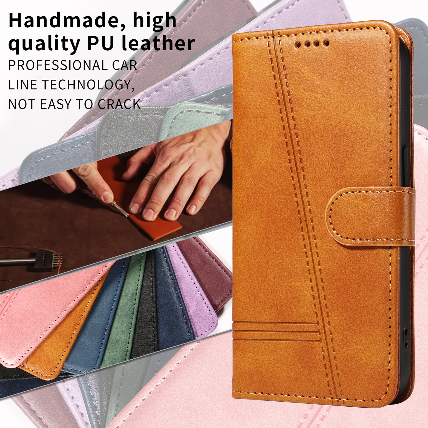 For iPhone 17 Pro Max Wallet Case T-Shape Lines Leather Phone Cover Stand - Brown