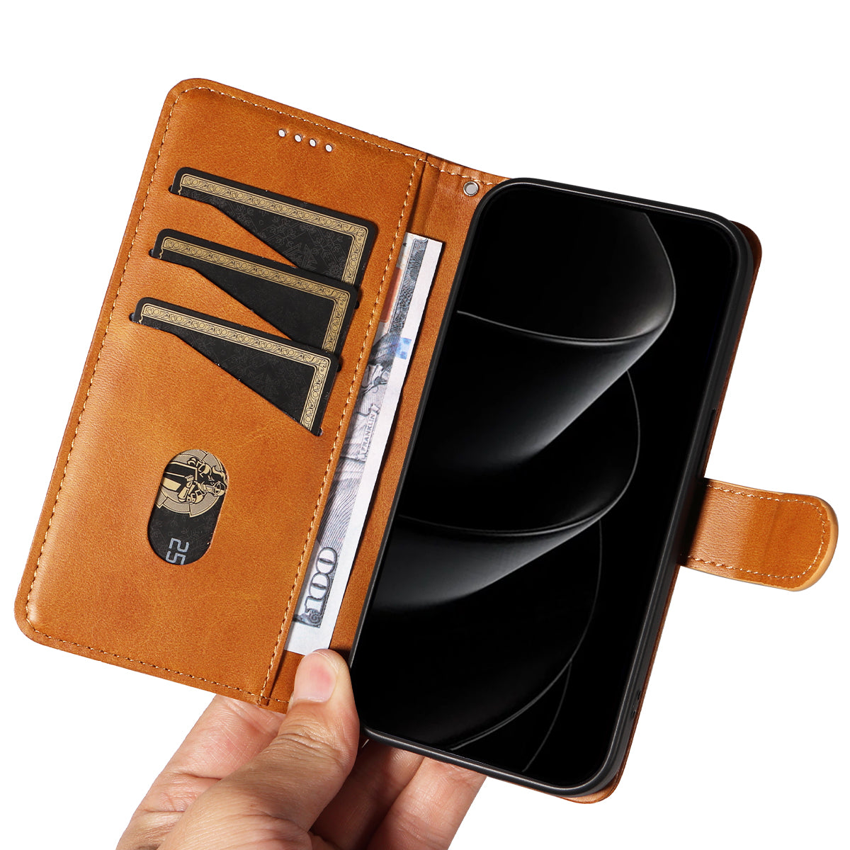 For iPhone 17 Pro Max Wallet Case T-Shape Lines Leather Phone Cover Stand - Brown