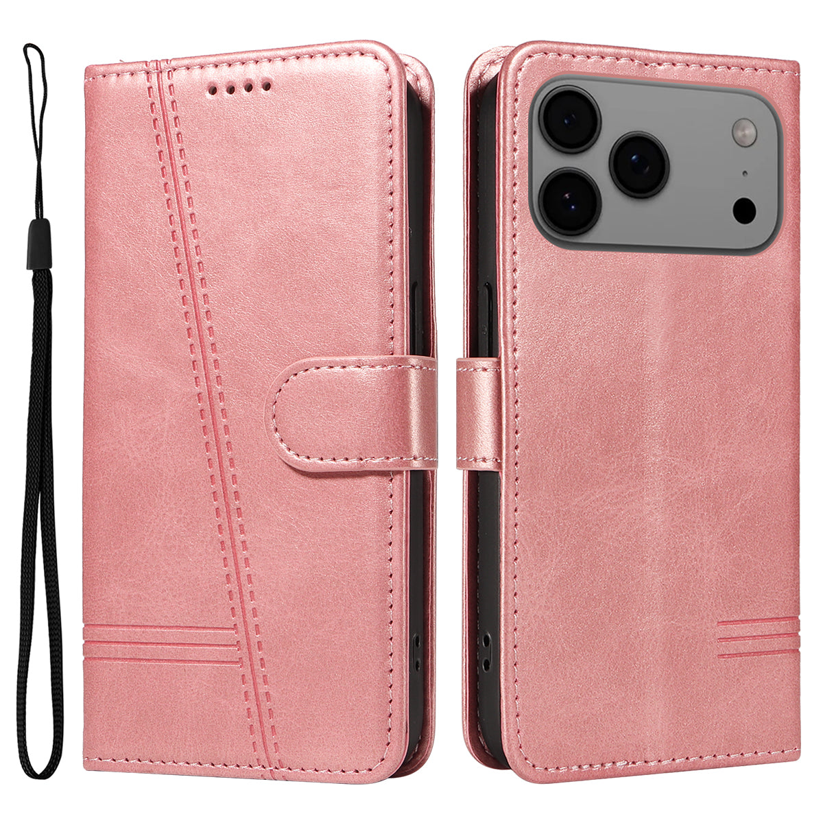 For iPhone 17 Pro Max Wallet Case T-Shape Lines Leather Phone Cover Stand - Rose Gold