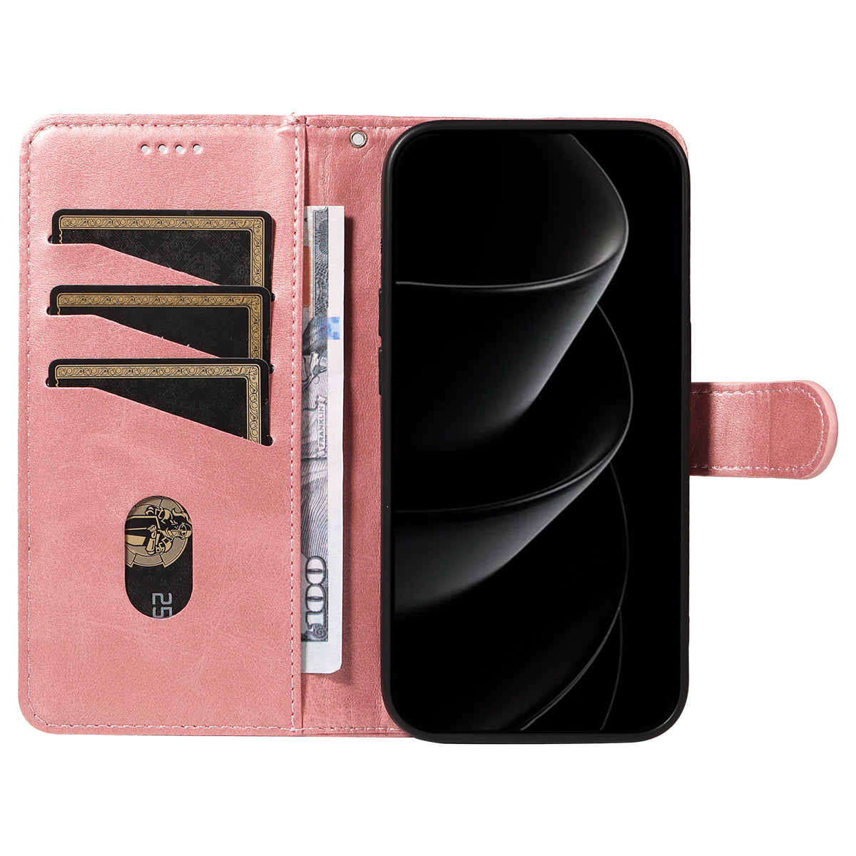 For iPhone 17 Pro Max Wallet Case T-Shape Lines Leather Phone Cover Stand - Rose Gold