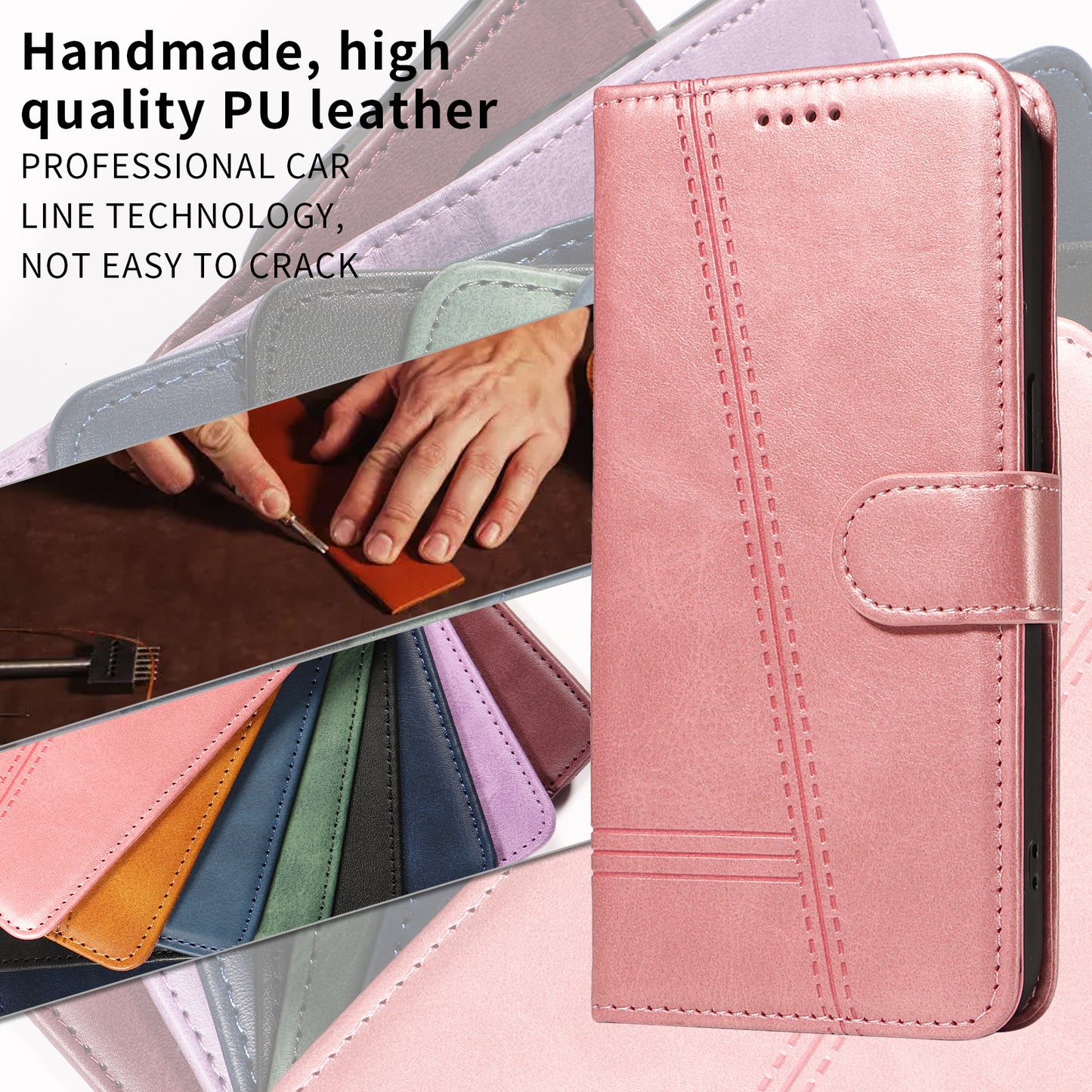 For iPhone 17 Pro Max Wallet Case T-Shape Lines Leather Phone Cover Stand - Rose Gold