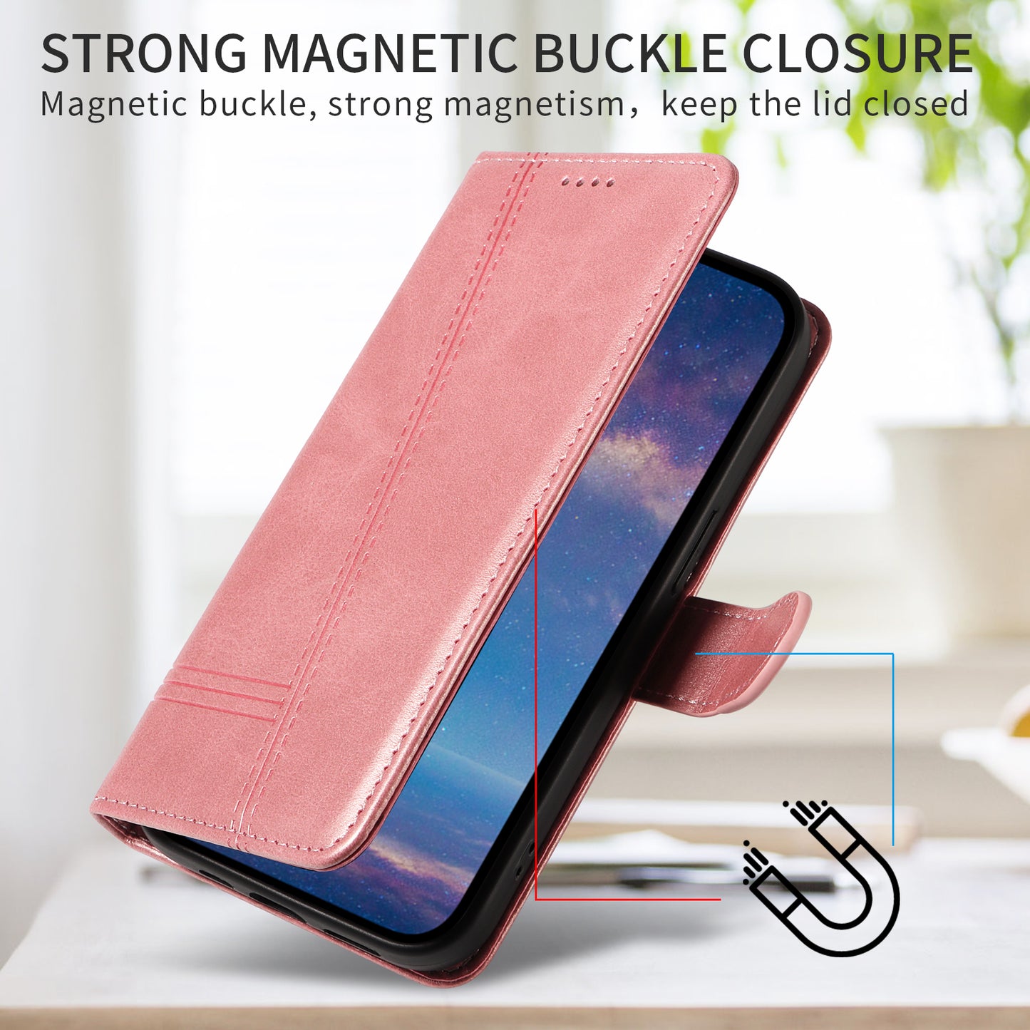 For iPhone 17 Pro Max Wallet Case T-Shape Lines Leather Phone Cover Stand - Rose Gold