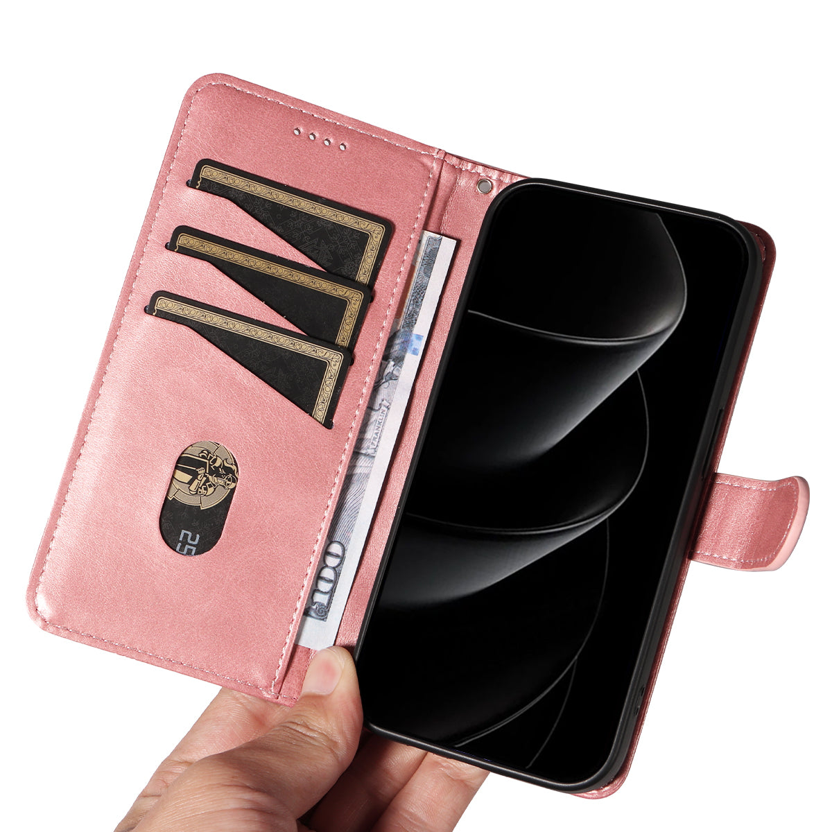 For iPhone 17 Pro Max Wallet Case T-Shape Lines Leather Phone Cover Stand - Rose Gold