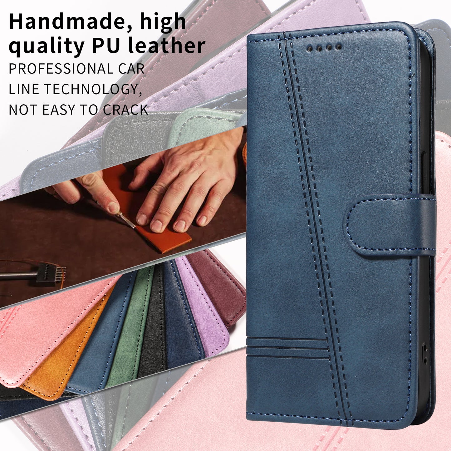 For iPhone 17 Pro Max Wallet Case T-Shape Lines Leather Phone Cover Stand - Blue