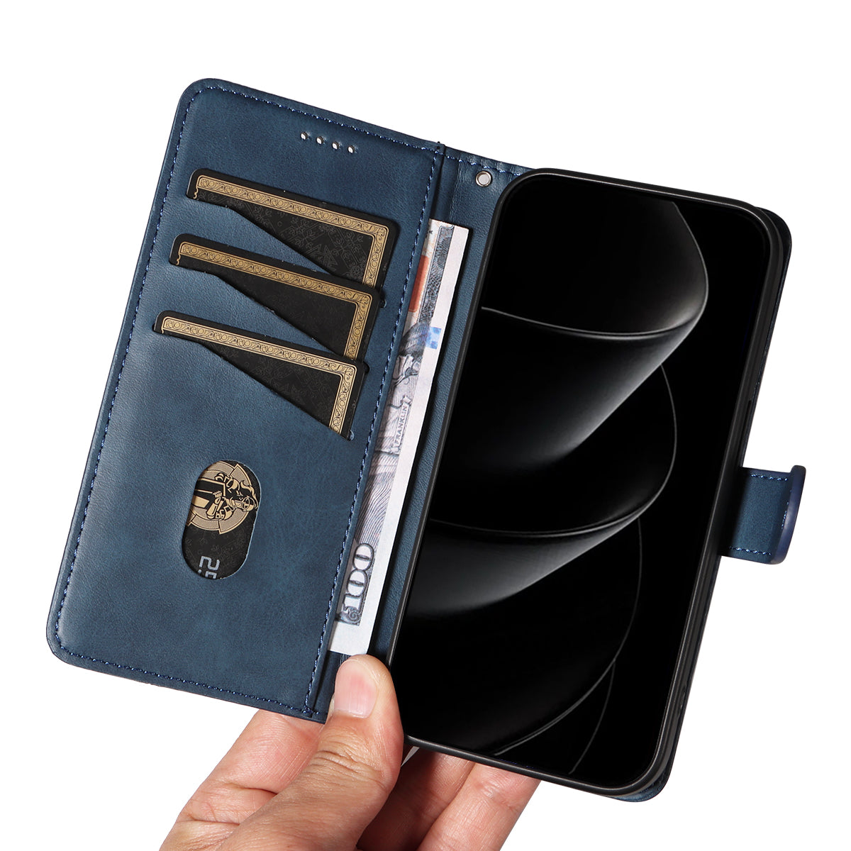 For iPhone 17 Pro Max Wallet Case T-Shape Lines Leather Phone Cover Stand - Blue