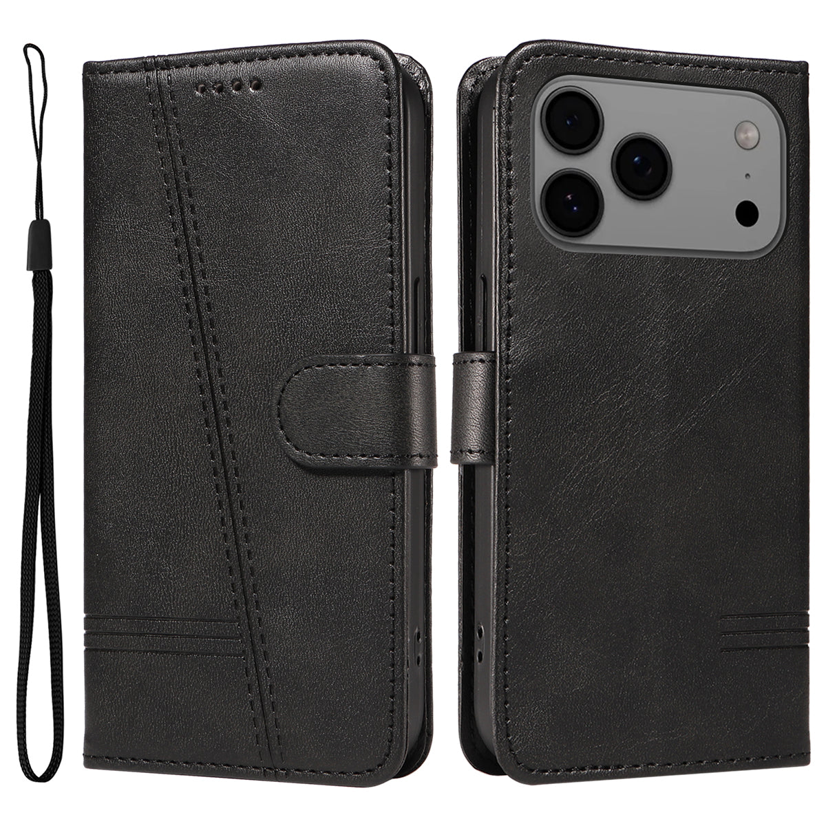 For iPhone 17 Pro Max Wallet Case T-Shape Lines Leather Phone Cover Stand -  Black