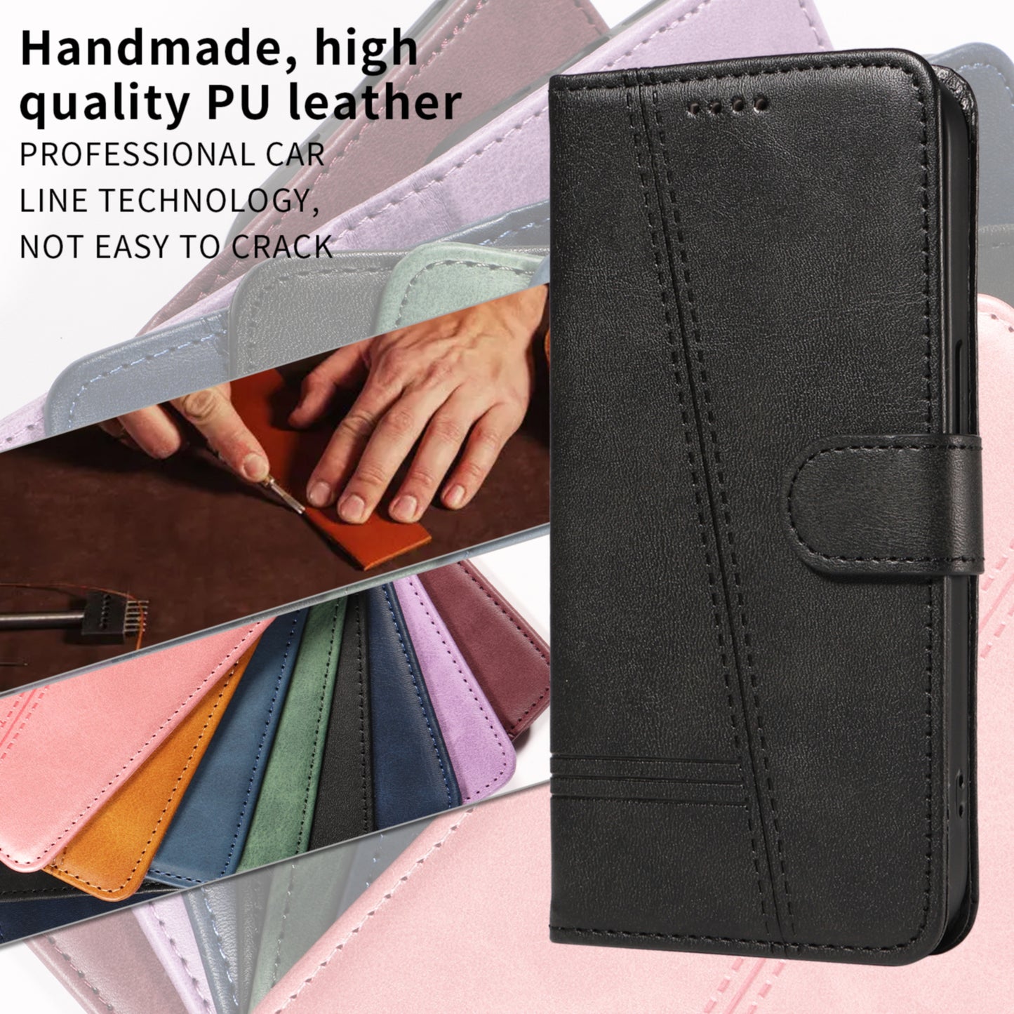 For iPhone 17 Pro Max Wallet Case T-Shape Lines Leather Phone Cover Stand -  Black