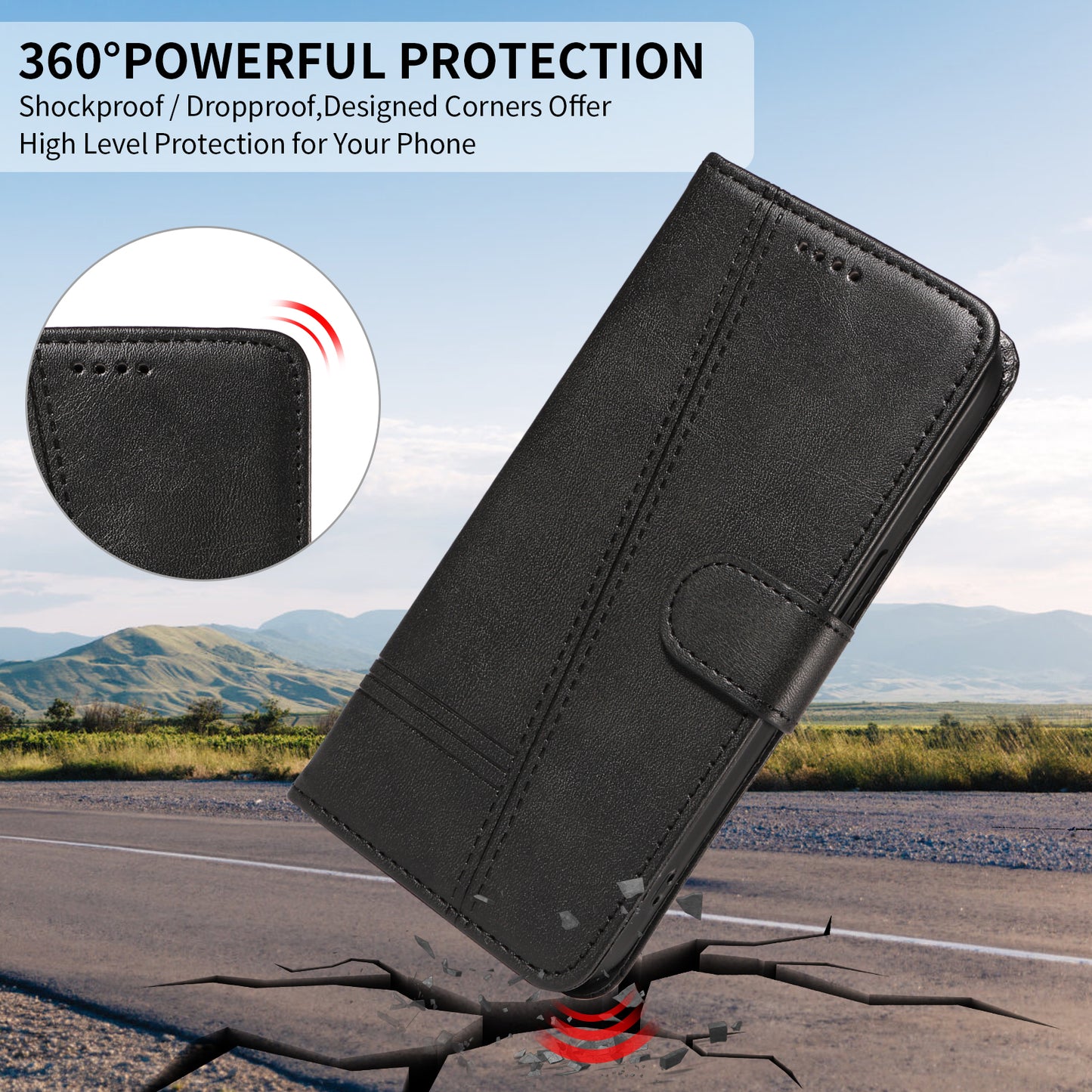 For iPhone 17 Pro Max Wallet Case T-Shape Lines Leather Phone Cover Stand -  Black