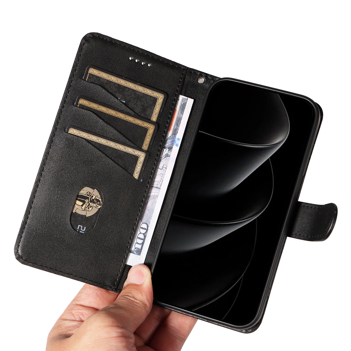 For iPhone 17 Pro Max Wallet Case T-Shape Lines Leather Phone Cover Stand -  Black