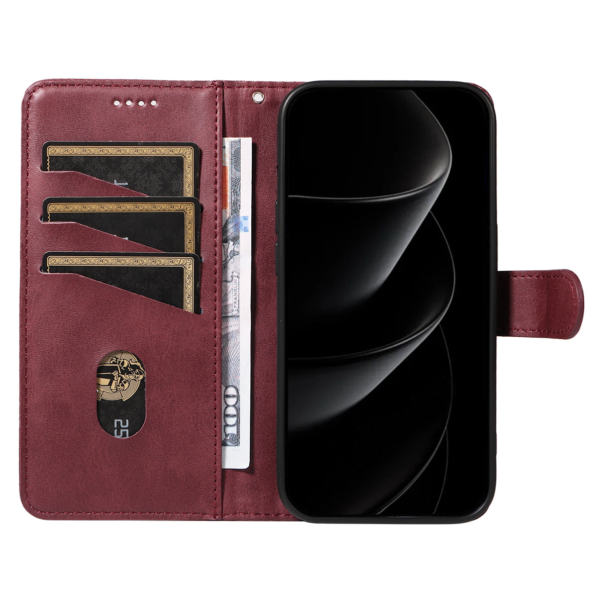 For iPhone 17 Pro Max Wallet Case T-Shape Lines Leather Phone Cover Stand - Wine Red
