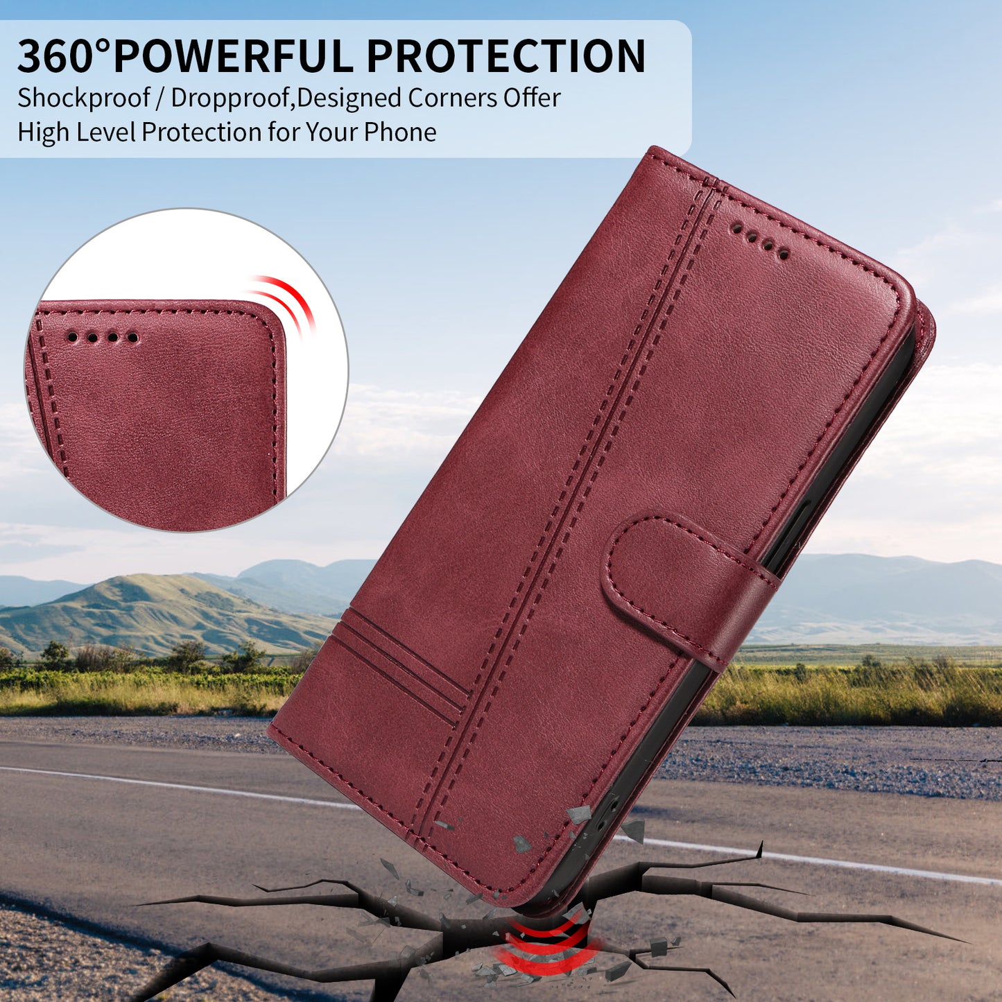 For iPhone 17 Pro Max Wallet Case T-Shape Lines Leather Phone Cover Stand - Wine Red