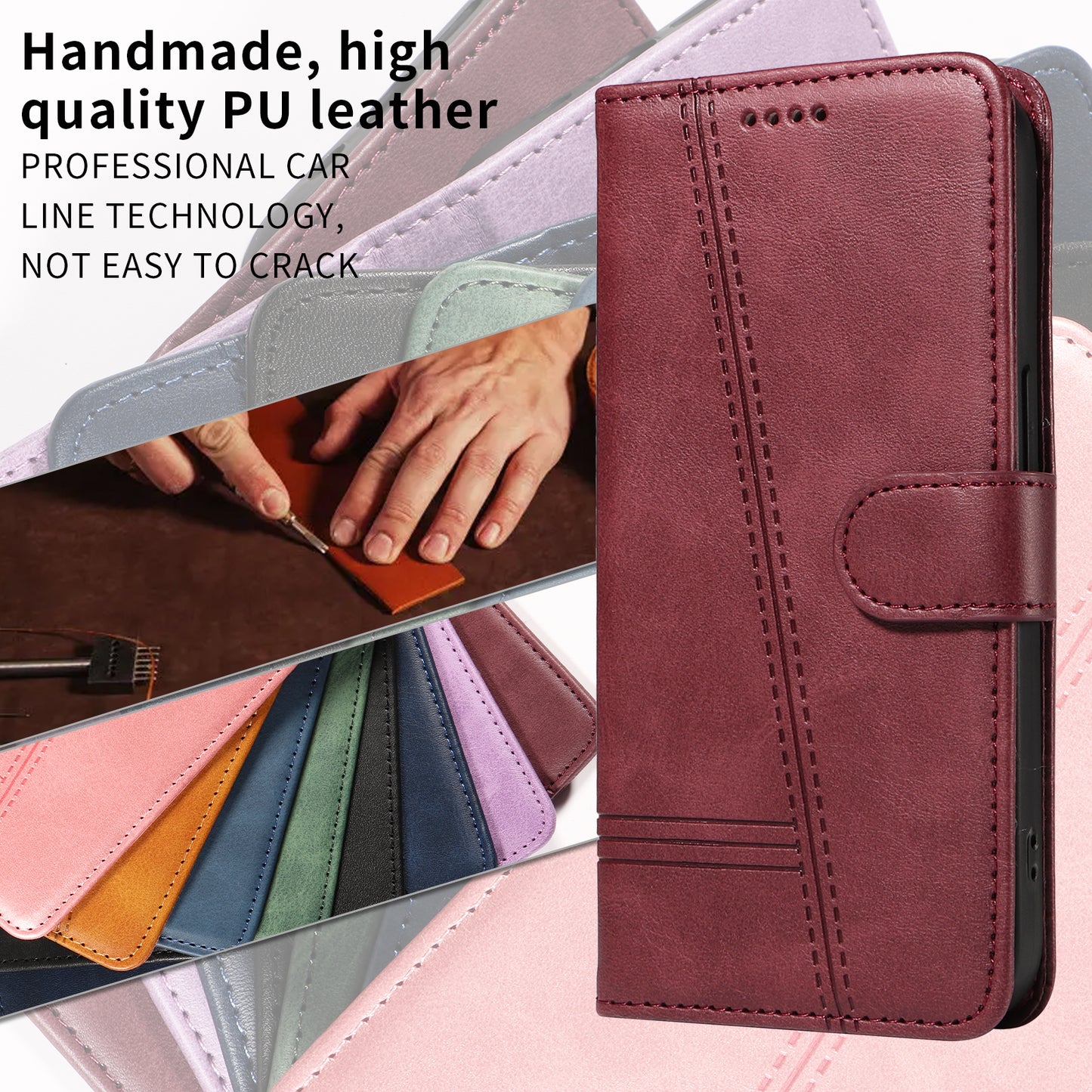 For iPhone 17 Pro Max Wallet Case T-Shape Lines Leather Phone Cover Stand - Wine Red