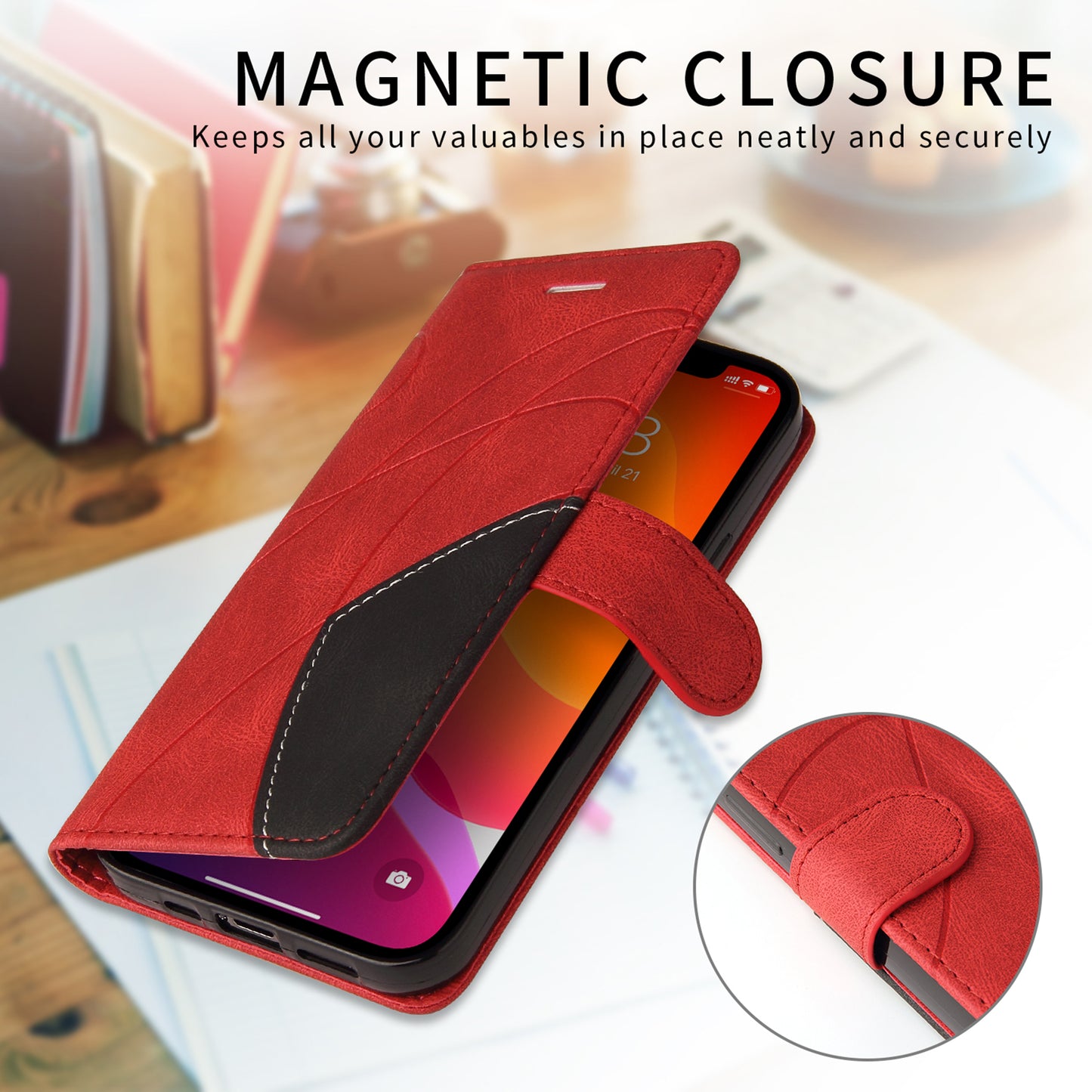 For Oppo Reno14 Pro 5G (China) / Oppo Reno14 Pro 5G (Global) Leather Phone Case Stand Wallet with Bi-colour Splicing Design - Red