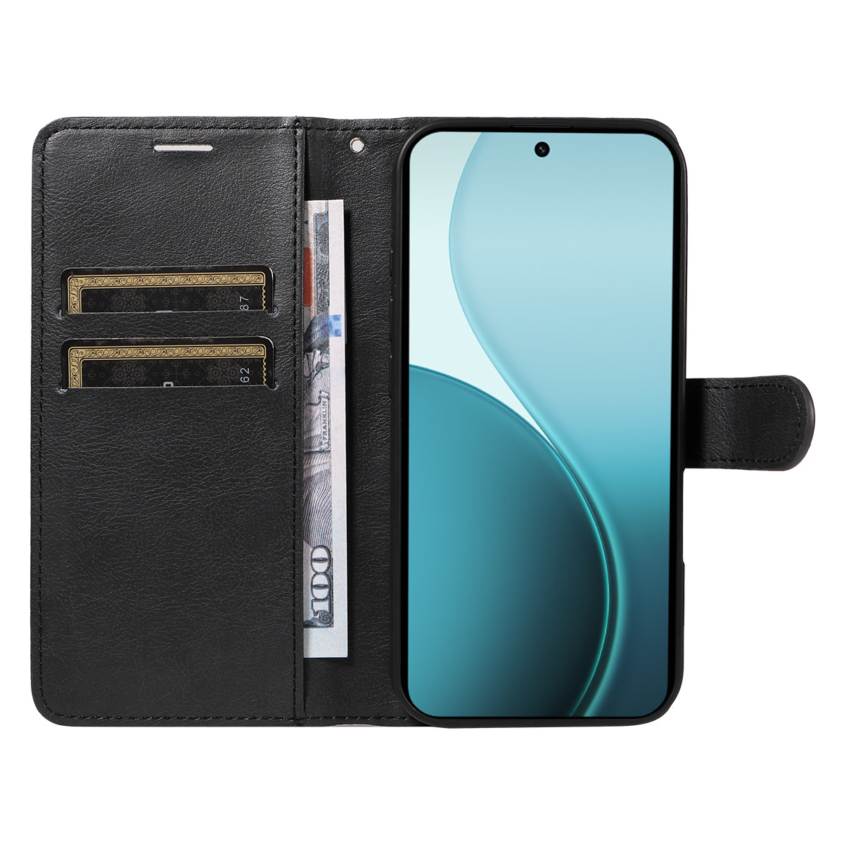 For Oppo Reno14 Pro 5G (China) / Oppo Reno14 Pro 5G (Global) Leather Wallet Case with Strap Solid Color Phone Stand Cover - Black
