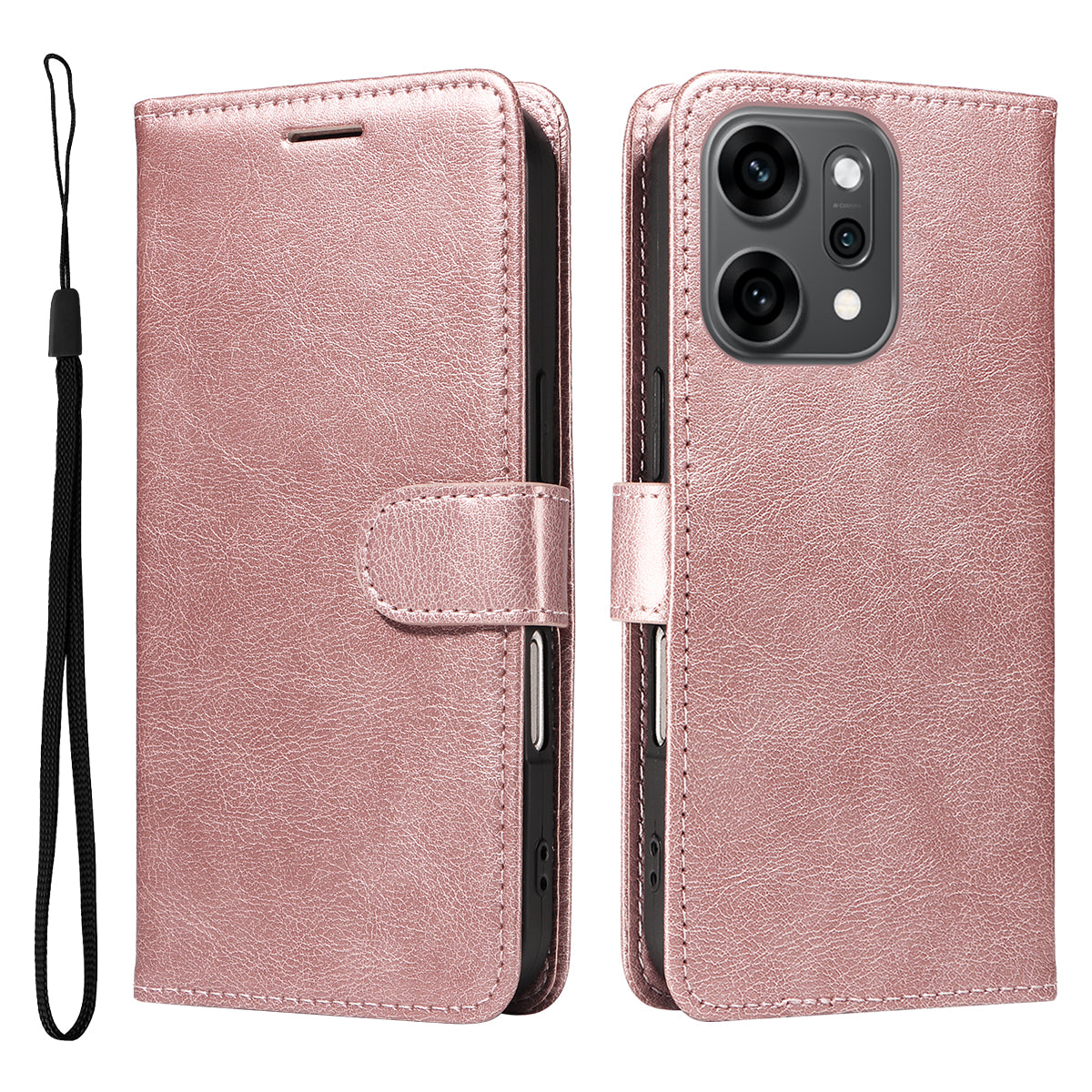 For Oppo Reno14 Pro 5G (China) / Oppo Reno14 Pro 5G (Global) Leather Wallet Case with Strap Solid Color Phone Stand Cover - Rose Gold