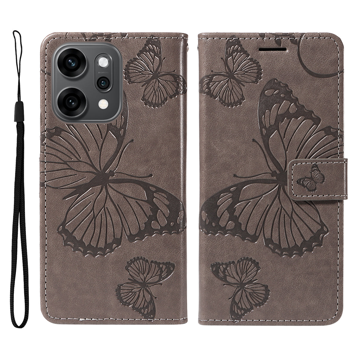 For Oppo Reno14 Pro 5G (China) / Oppo Reno14 Pro 5G (Global) Wallet Case Floral Butterfly Imprinted Leather Phone Cover Stand - Grey
