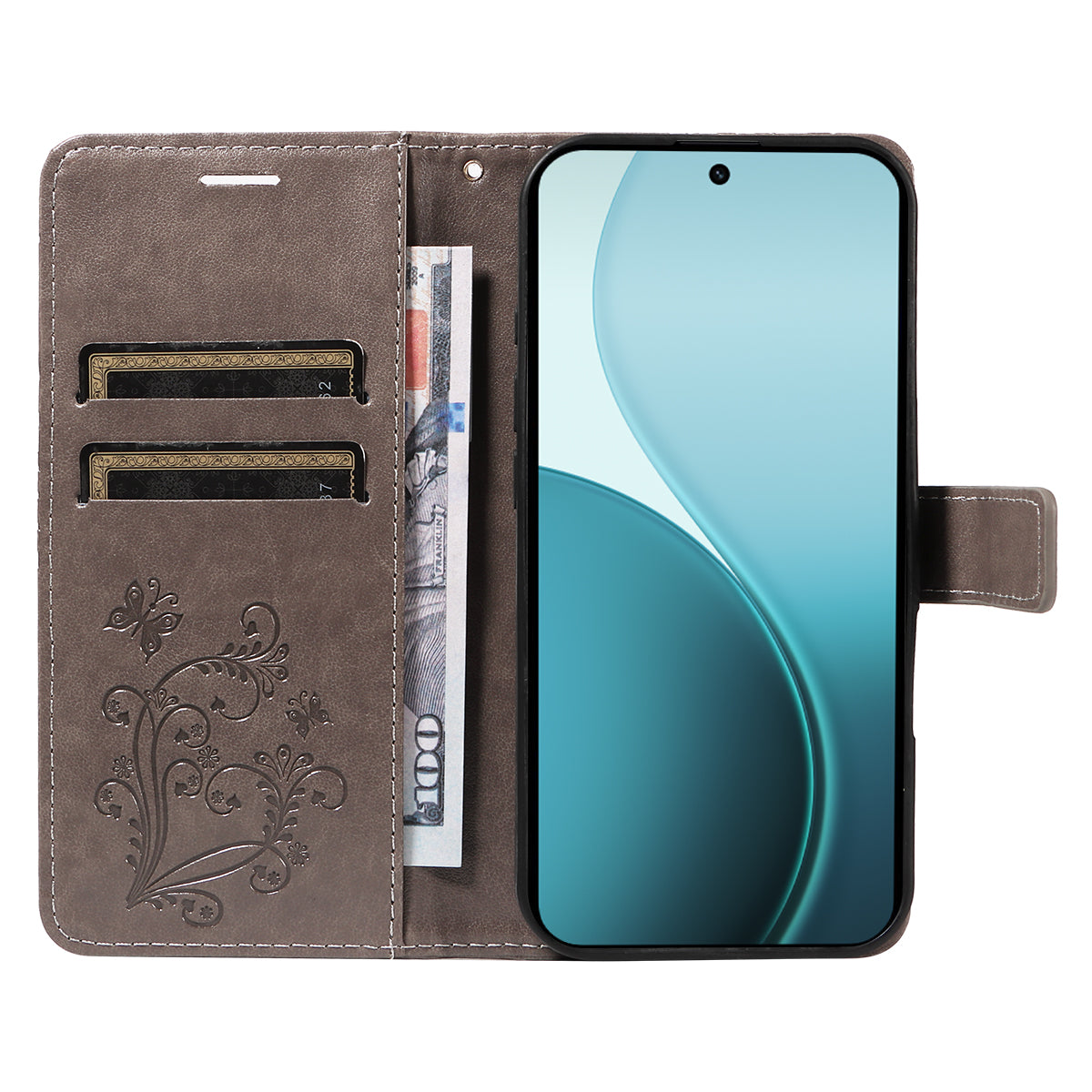 For Oppo Reno14 Pro 5G (China) / Oppo Reno14 Pro 5G (Global) Wallet Case Floral Butterfly Imprinted Leather Phone Cover Stand - Grey