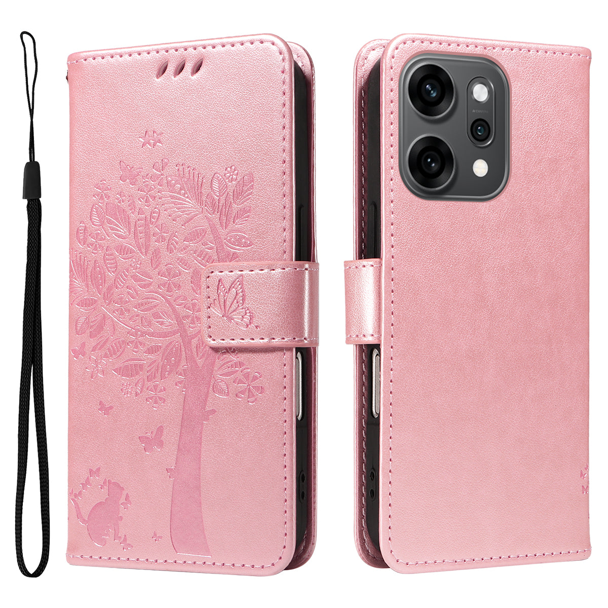 For Oppo Reno14 Pro 5G (China) / Oppo Reno14 Pro 5G (Global) Phone Case with Stand Cat Tree Pattern Leather Wallet Mobile Cover - Rose Gold