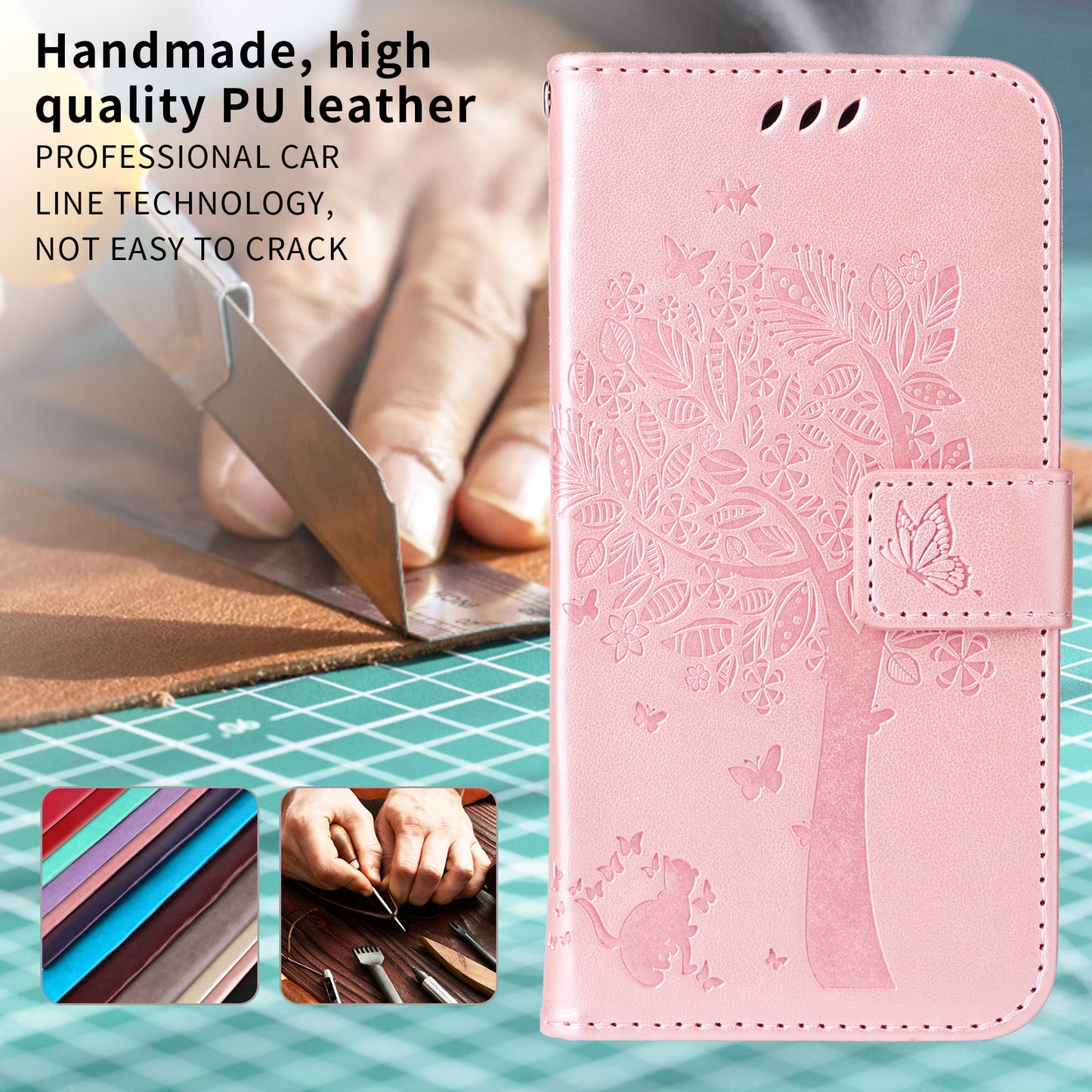 For Oppo Reno14 Pro 5G (China) / Oppo Reno14 Pro 5G (Global) Phone Case with Stand Cat Tree Pattern Leather Wallet Mobile Cover - Rose Gold