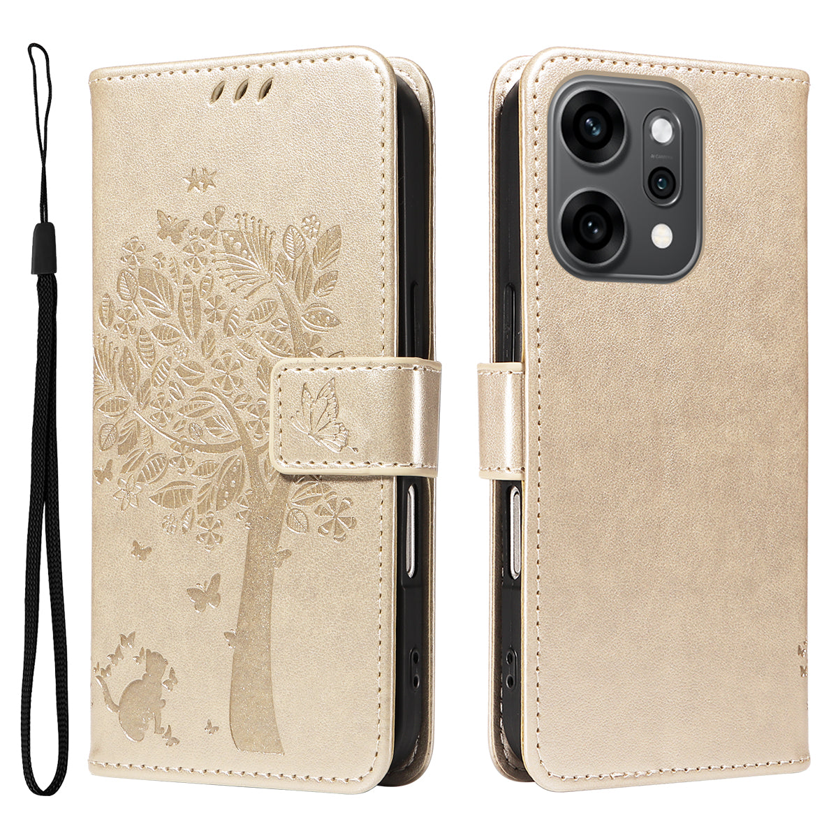 For Oppo Reno14 Pro 5G (China) / Oppo Reno14 Pro 5G (Global) Phone Case with Stand Cat Tree Pattern Leather Wallet Mobile Cover - Gold