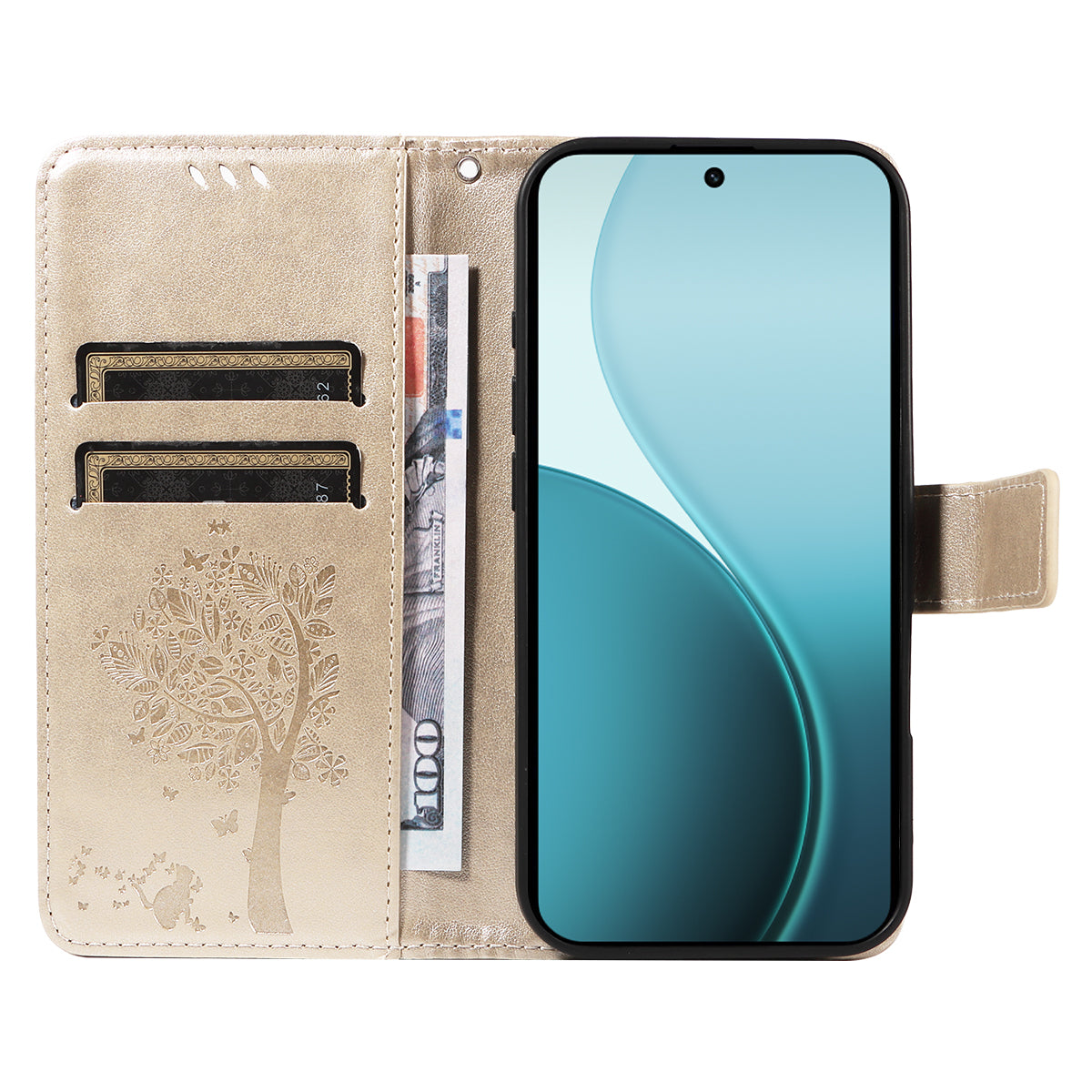 For Oppo Reno14 Pro 5G (China) / Oppo Reno14 Pro 5G (Global) Phone Case with Stand Cat Tree Pattern Leather Wallet Mobile Cover - Gold