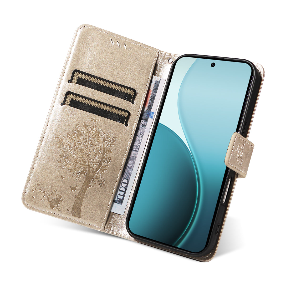 For Oppo Reno14 Pro 5G (China) / Oppo Reno14 Pro 5G (Global) Phone Case with Stand Cat Tree Pattern Leather Wallet Mobile Cover - Gold