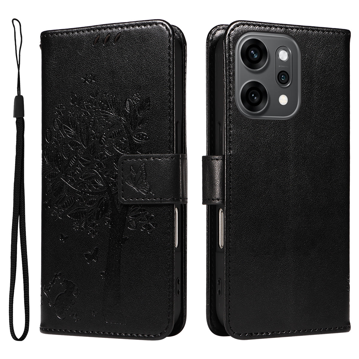 For Oppo Reno14 Pro 5G (China) / Oppo Reno14 Pro 5G (Global) Phone Case with Stand Cat Tree Pattern Leather Wallet Mobile Cover - Black