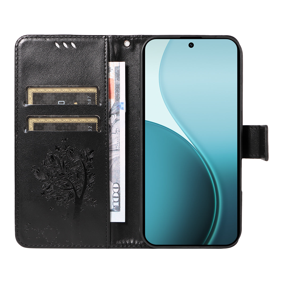 For Oppo Reno14 Pro 5G (China) / Oppo Reno14 Pro 5G (Global) Phone Case with Stand Cat Tree Pattern Leather Wallet Mobile Cover - Black