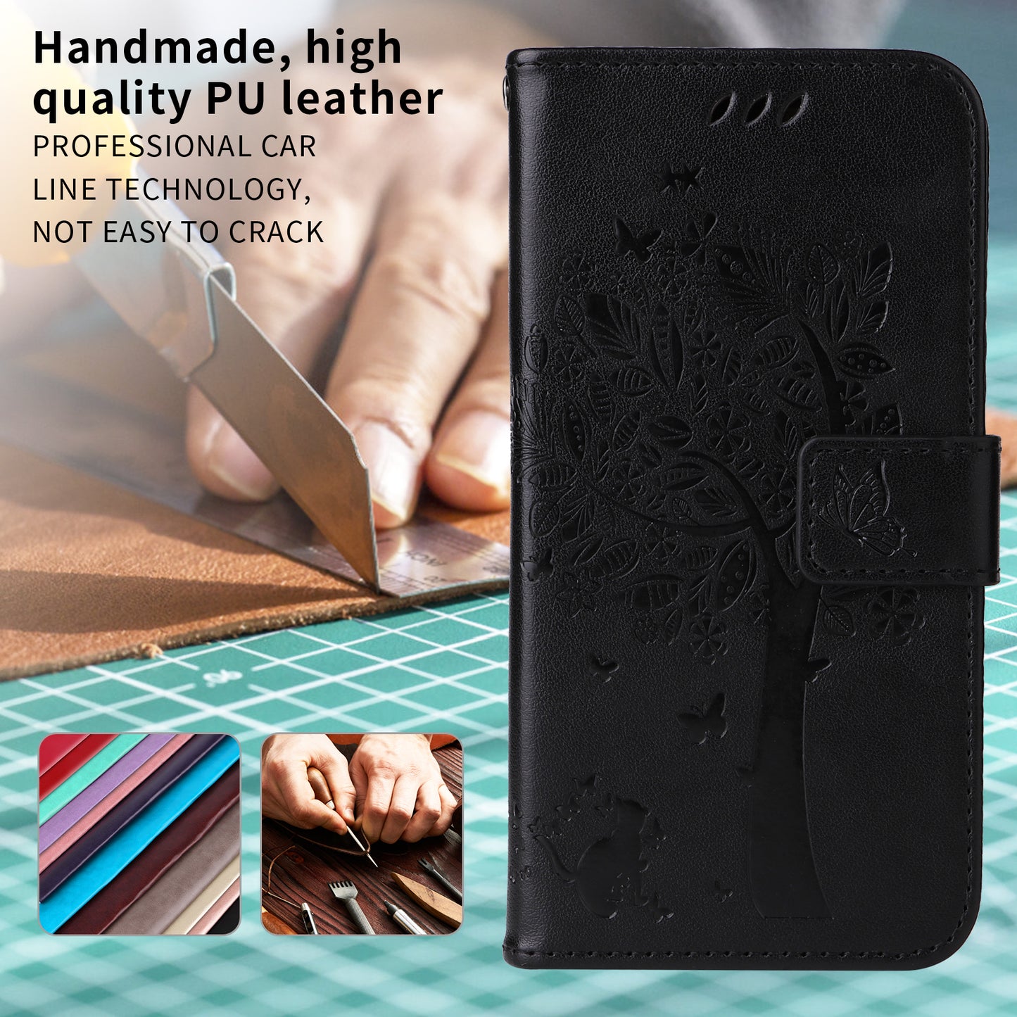 For Oppo Reno14 Pro 5G (China) / Oppo Reno14 Pro 5G (Global) Phone Case with Stand Cat Tree Pattern Leather Wallet Mobile Cover - Black