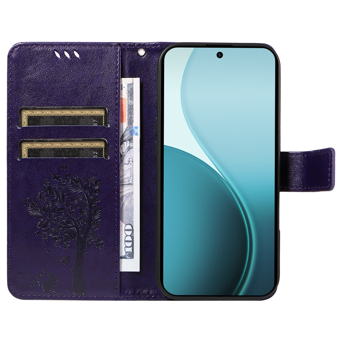 For Oppo Reno14 Pro 5G (China) / Oppo Reno14 Pro 5G (Global) Phone Case with Stand Cat Tree Pattern Leather Wallet Mobile Cover - Purple