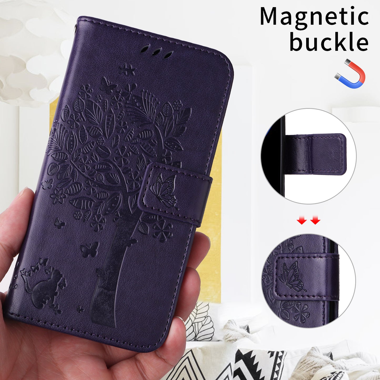 For Oppo Reno14 Pro 5G (China) / Oppo Reno14 Pro 5G (Global) Phone Case with Stand Cat Tree Pattern Leather Wallet Mobile Cover - Purple