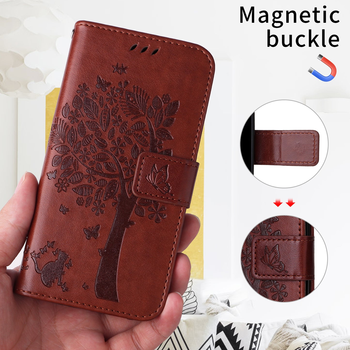 For Oppo Reno14 Pro 5G (China) / Oppo Reno14 Pro 5G (Global) Phone Case with Stand Cat Tree Pattern Leather Wallet Mobile Cover - Coffee