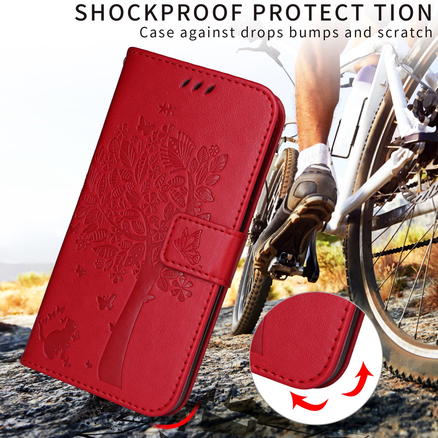 For Oppo Reno14 Pro 5G (China) / Oppo Reno14 Pro 5G (Global) Phone Case with Stand Cat Tree Pattern Leather Wallet Mobile Cover - Red