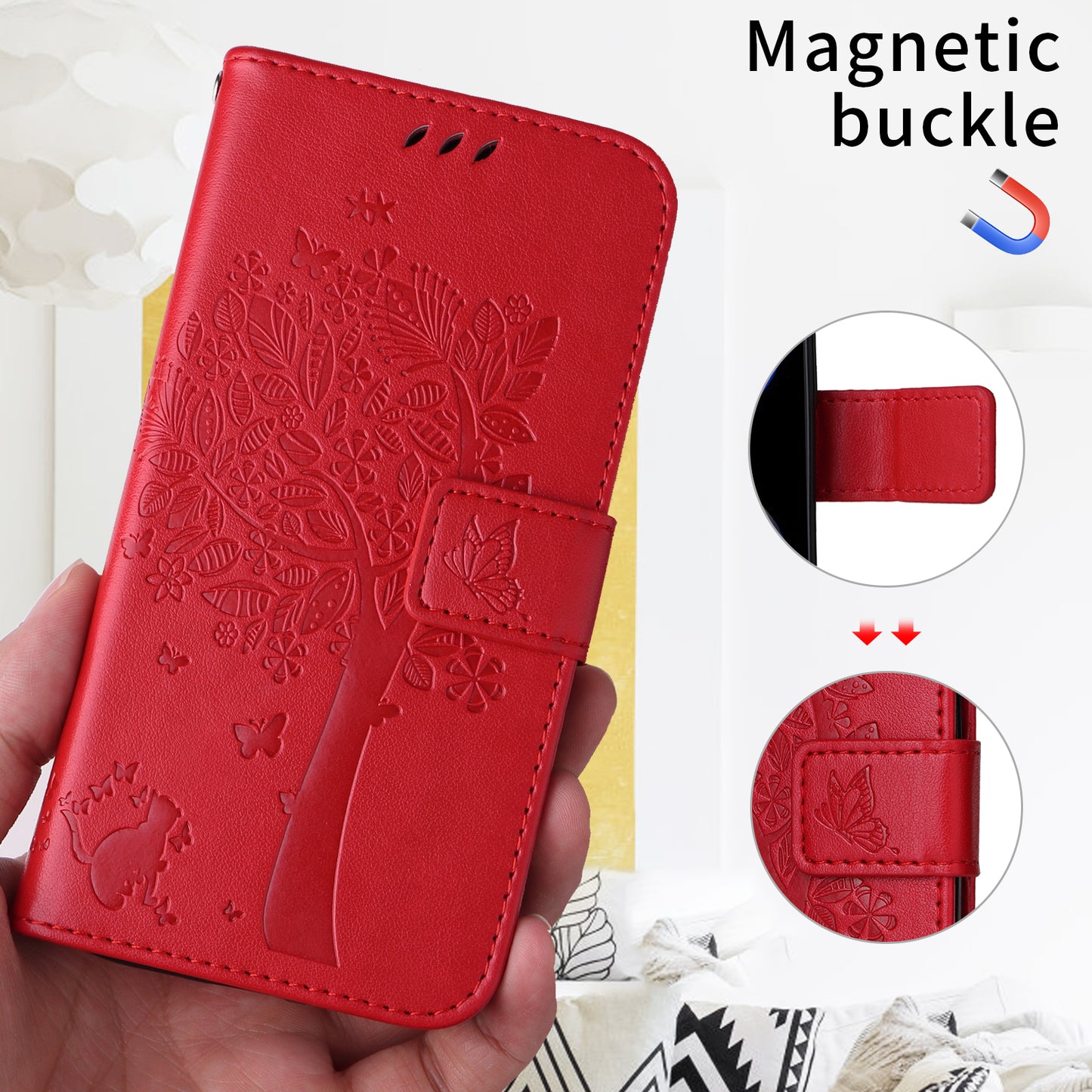 For Oppo Reno14 Pro 5G (China) / Oppo Reno14 Pro 5G (Global) Phone Case with Stand Cat Tree Pattern Leather Wallet Mobile Cover - Red