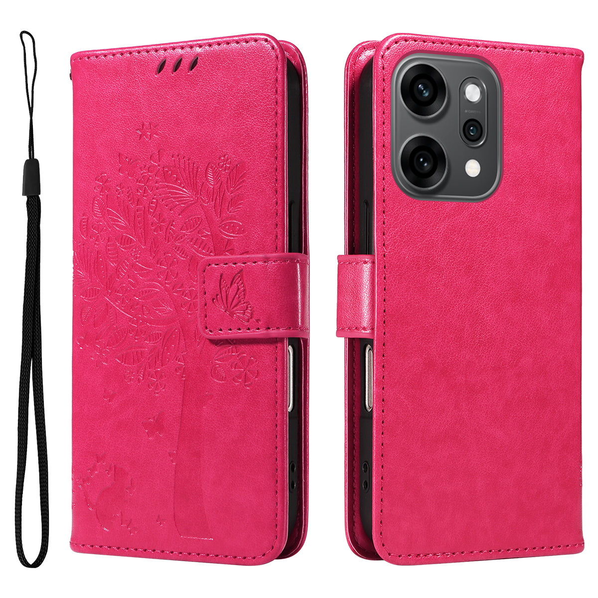 For Oppo Reno14 Pro 5G (China) / Oppo Reno14 Pro 5G (Global) Phone Case with Stand Cat Tree Pattern Leather Wallet Mobile Cover - Rose