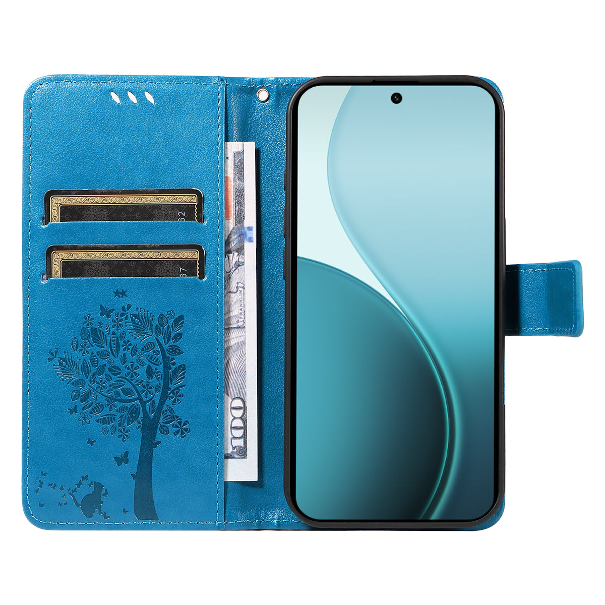 For Oppo Reno14 Pro 5G (China) / Oppo Reno14 Pro 5G (Global) Phone Case with Stand Cat Tree Pattern Leather Wallet Mobile Cover - Blue