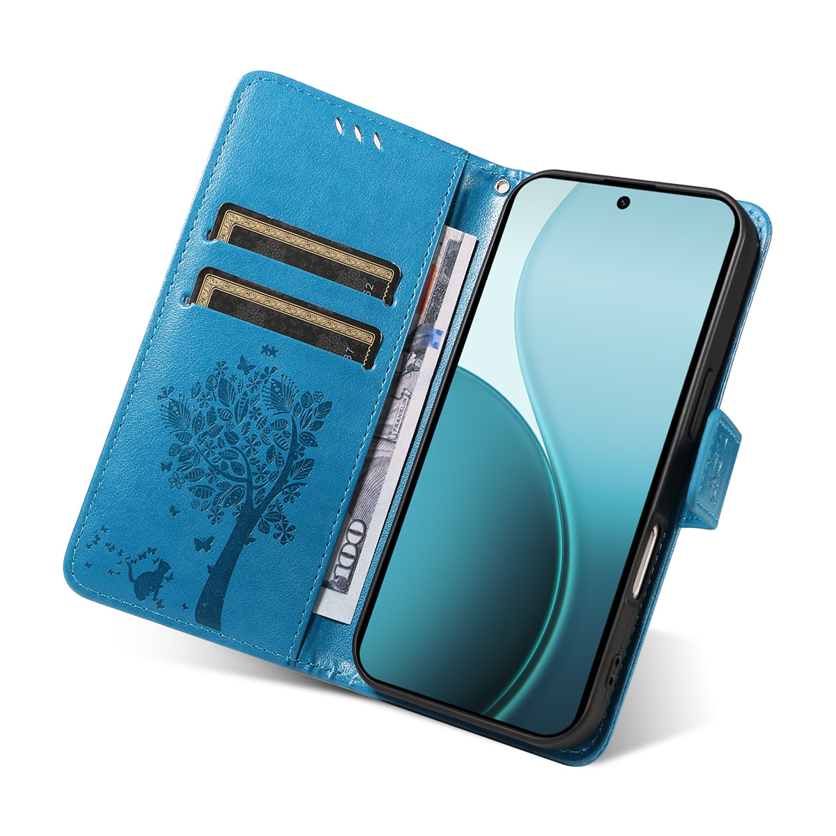For Oppo Reno14 Pro 5G (China) / Oppo Reno14 Pro 5G (Global) Phone Case with Stand Cat Tree Pattern Leather Wallet Mobile Cover - Blue