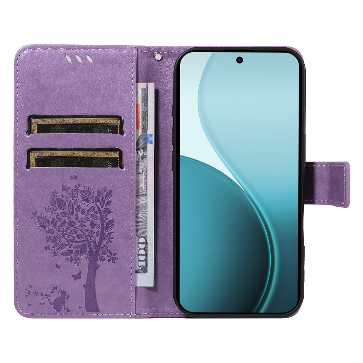 For Oppo Reno14 Pro 5G (China) / Oppo Reno14 Pro 5G (Global) Phone Case with Stand Cat Tree Pattern Leather Wallet Mobile Cover - Light Purple