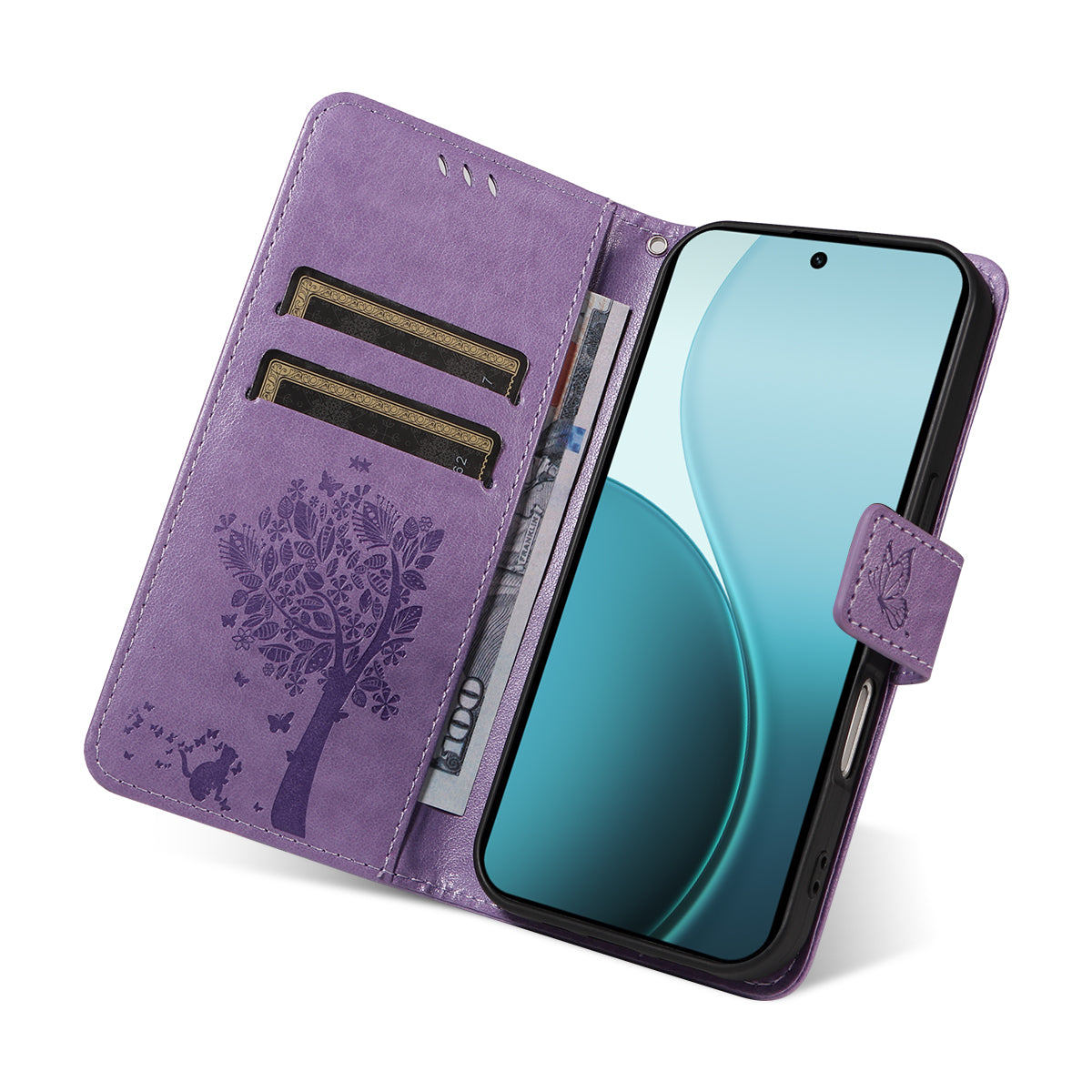 For Oppo Reno14 Pro 5G (China) / Oppo Reno14 Pro 5G (Global) Phone Case with Stand Cat Tree Pattern Leather Wallet Mobile Cover - Light Purple
