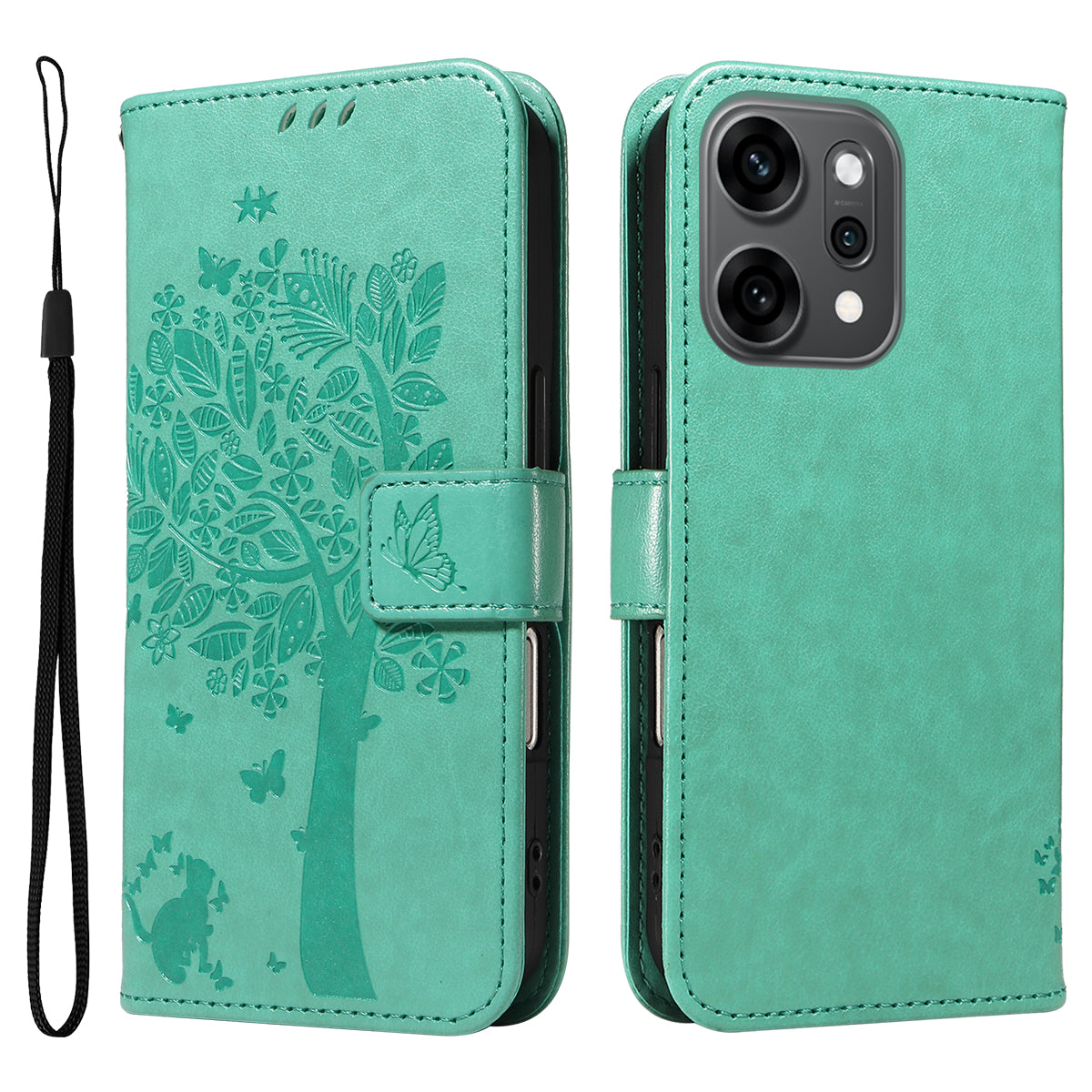 For Oppo Reno14 Pro 5G (China) / Oppo Reno14 Pro 5G (Global) Phone Case with Stand Cat Tree Pattern Leather Wallet Mobile Cover - Green