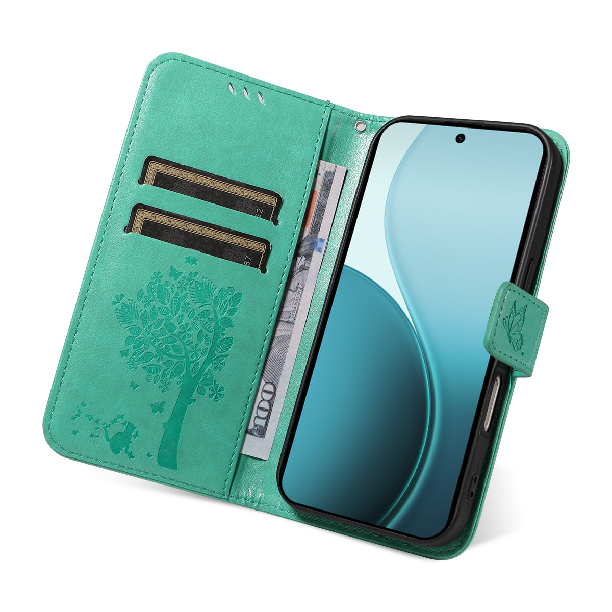 For Oppo Reno14 Pro 5G (China) / Oppo Reno14 Pro 5G (Global) Phone Case with Stand Cat Tree Pattern Leather Wallet Mobile Cover - Green