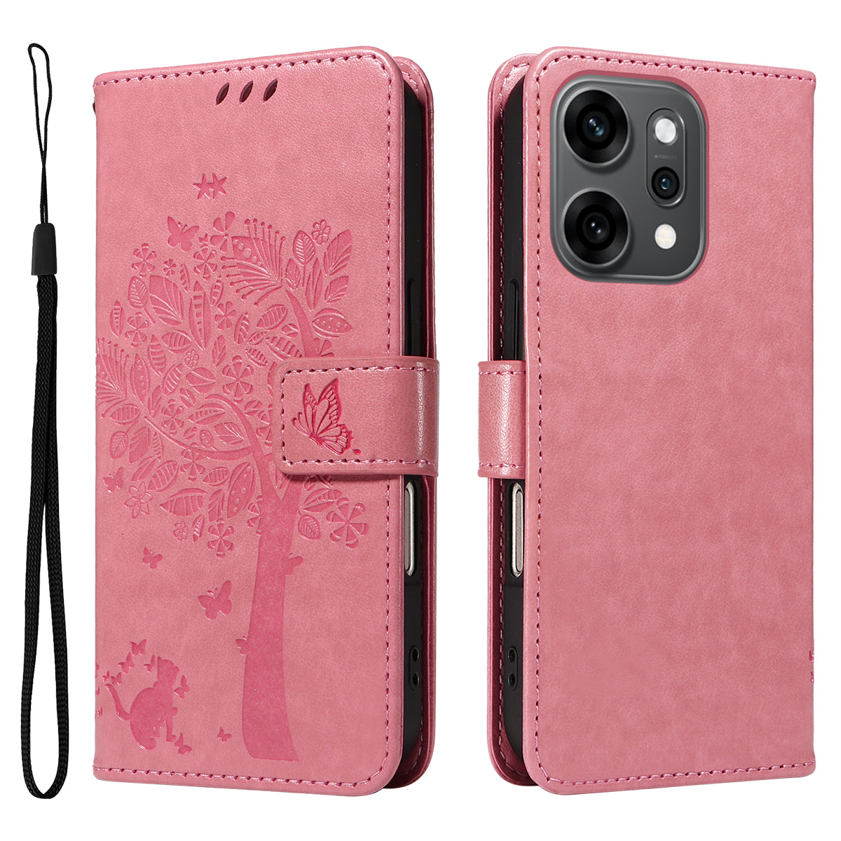 For Oppo Reno14 Pro 5G (China) / Oppo Reno14 Pro 5G (Global) Phone Case with Stand Cat Tree Pattern Leather Wallet Mobile Cover - Pink