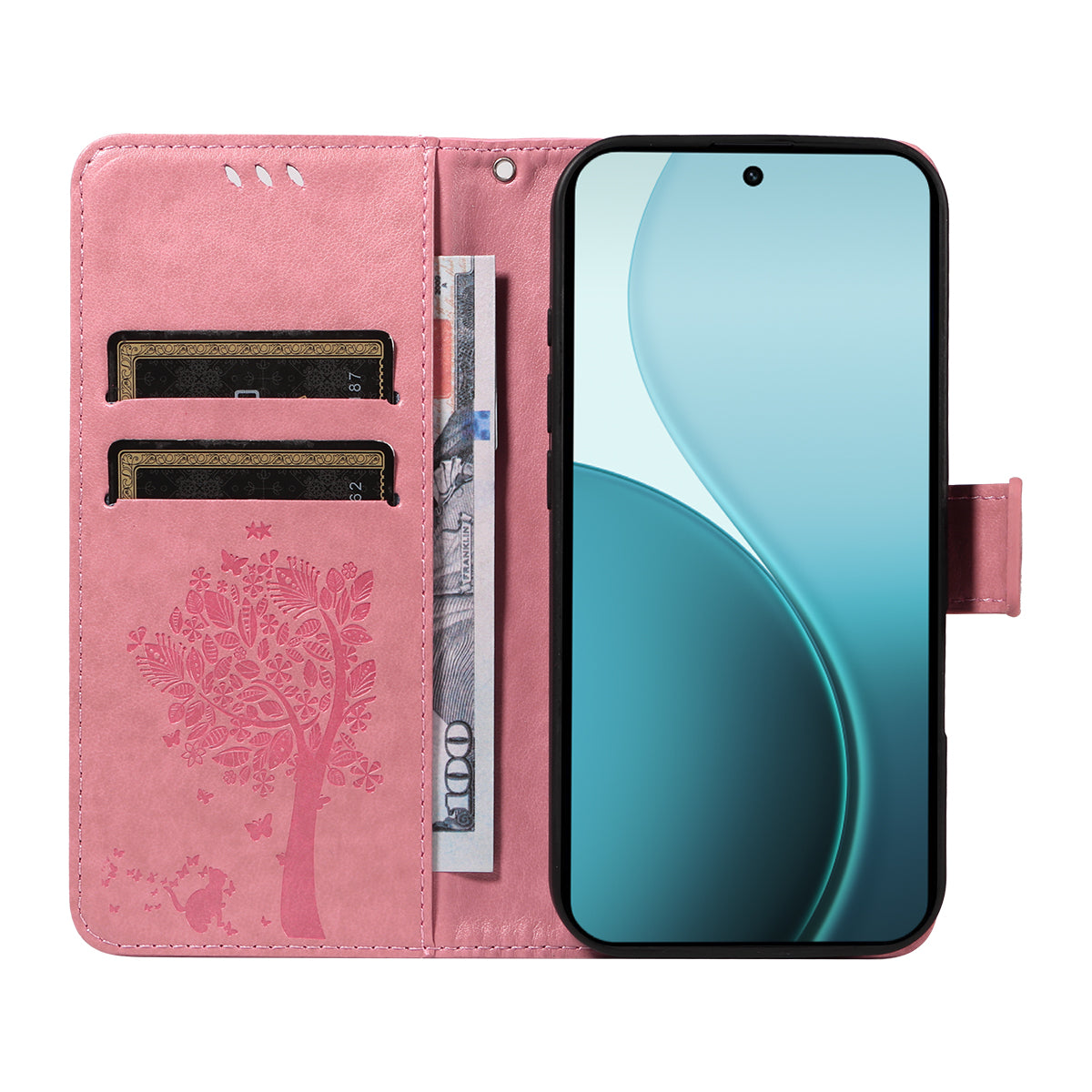 For Oppo Reno14 Pro 5G (China) / Oppo Reno14 Pro 5G (Global) Phone Case with Stand Cat Tree Pattern Leather Wallet Mobile Cover - Pink