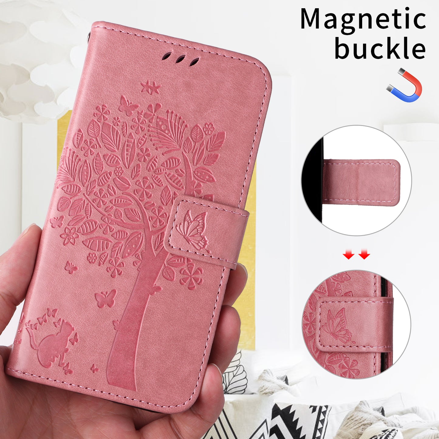 For Oppo Reno14 Pro 5G (China) / Oppo Reno14 Pro 5G (Global) Phone Case with Stand Cat Tree Pattern Leather Wallet Mobile Cover - Pink