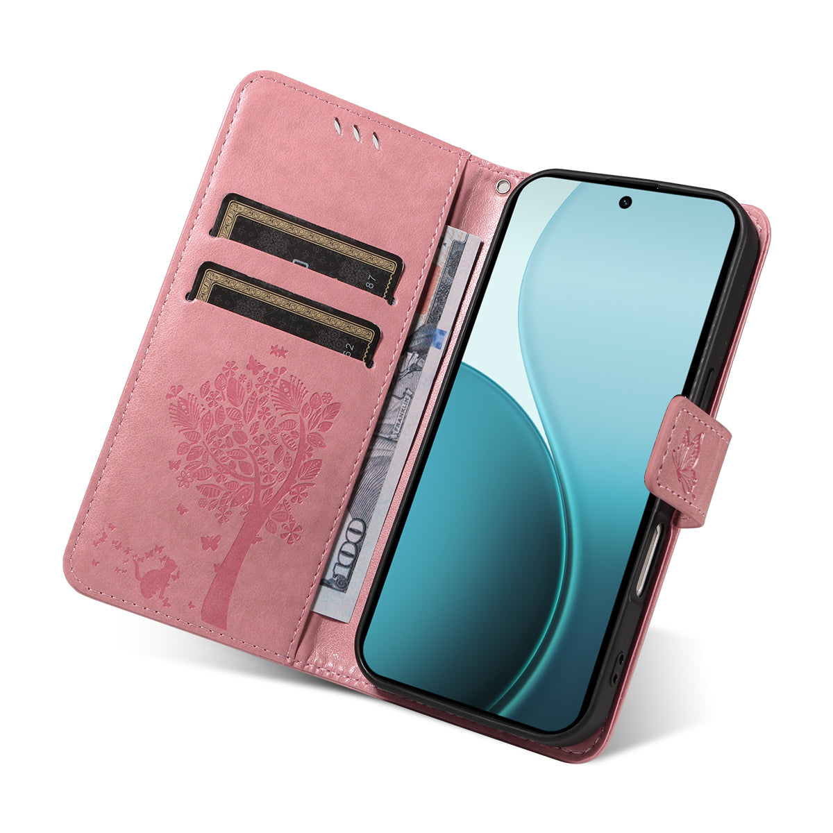 For Oppo Reno14 Pro 5G (China) / Oppo Reno14 Pro 5G (Global) Phone Case with Stand Cat Tree Pattern Leather Wallet Mobile Cover - Pink