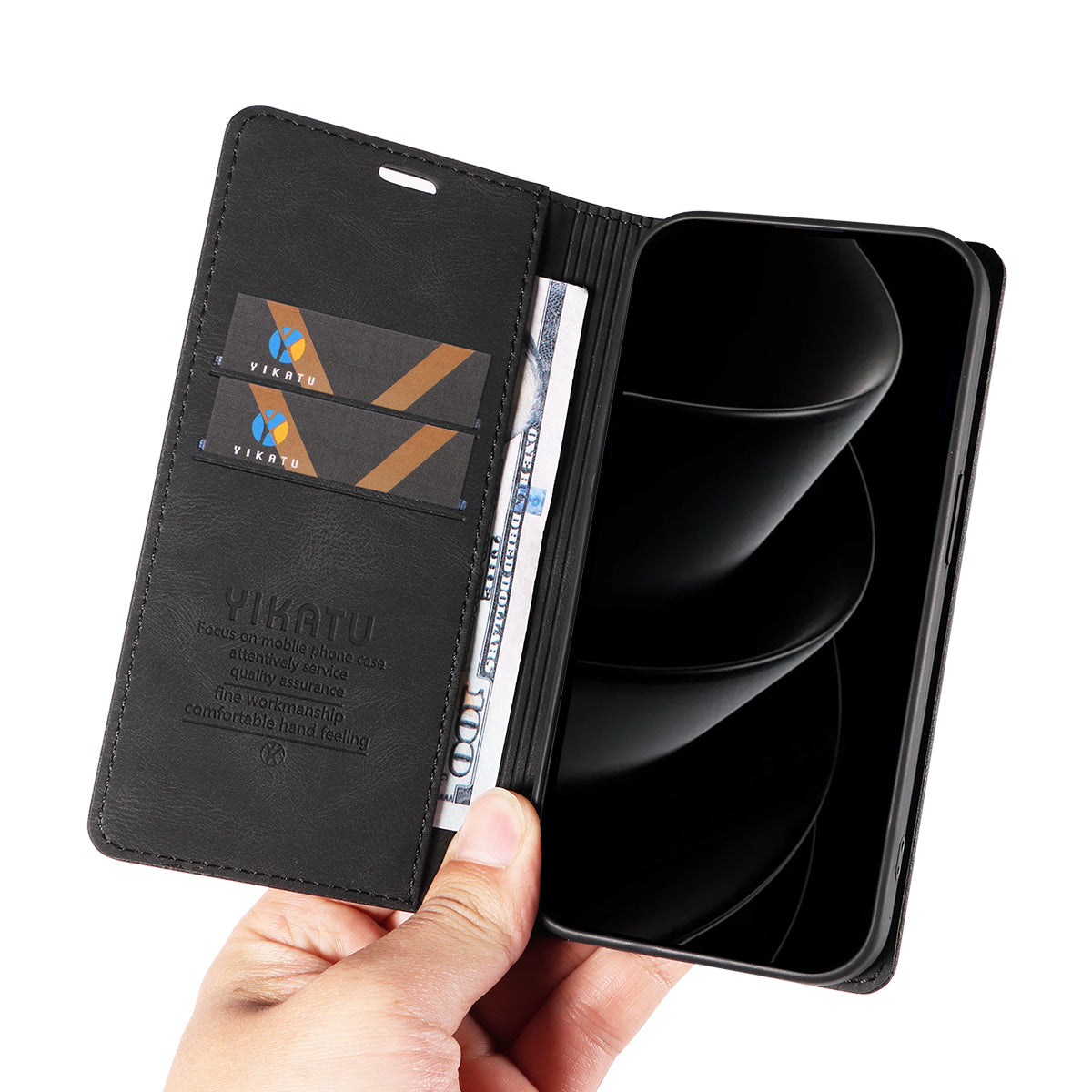 For iPhone 17 Pro Max Leather Cover YIKATU YK-004 Skin-Touch Wallet Phone Cases - Black