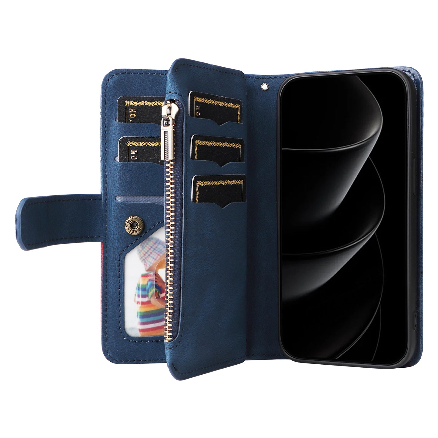 For iPhone 17 Pro Max Leather Case with Strap Zipper 9 Card Slot Phone Cover Stand - Blue
