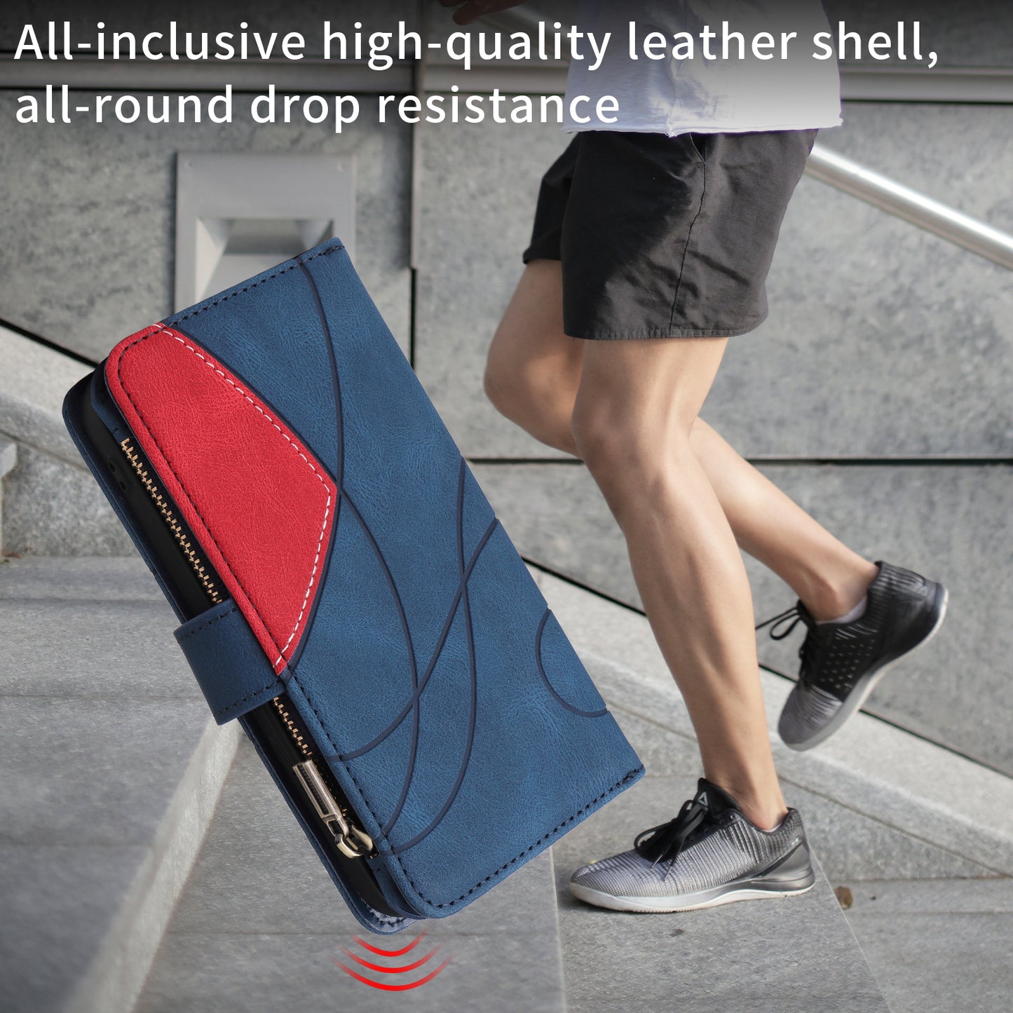 For iPhone 17 Pro Max Leather Case with Strap Zipper 9 Card Slot Phone Cover Stand - Blue